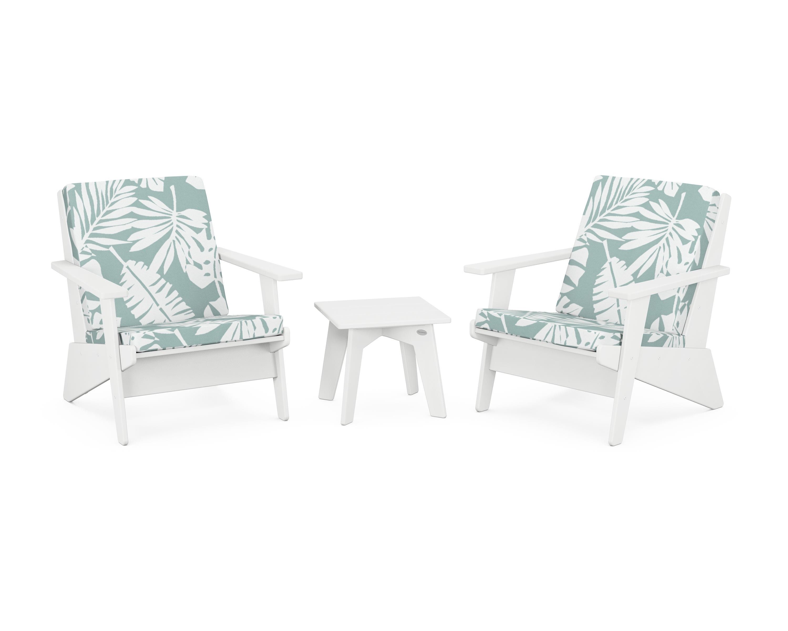 POLYWOOD Riviera Modern Lounge 3-Piece Set in White / Leaf Glacier Spa