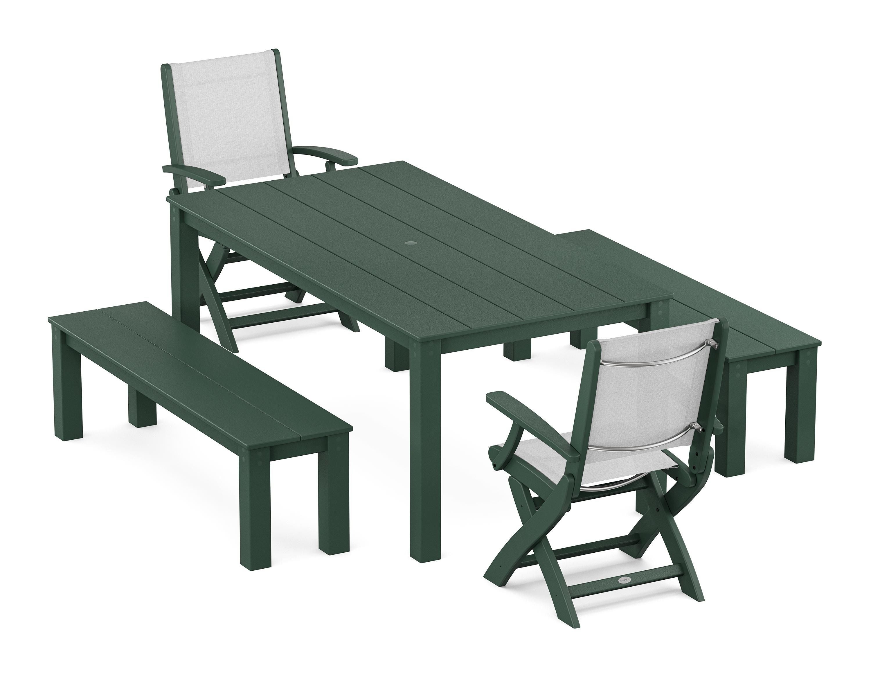 POLYWOOD Coastal Folding Chair 5-Piece Parsons Dining Set with Benches in Green / White Sling