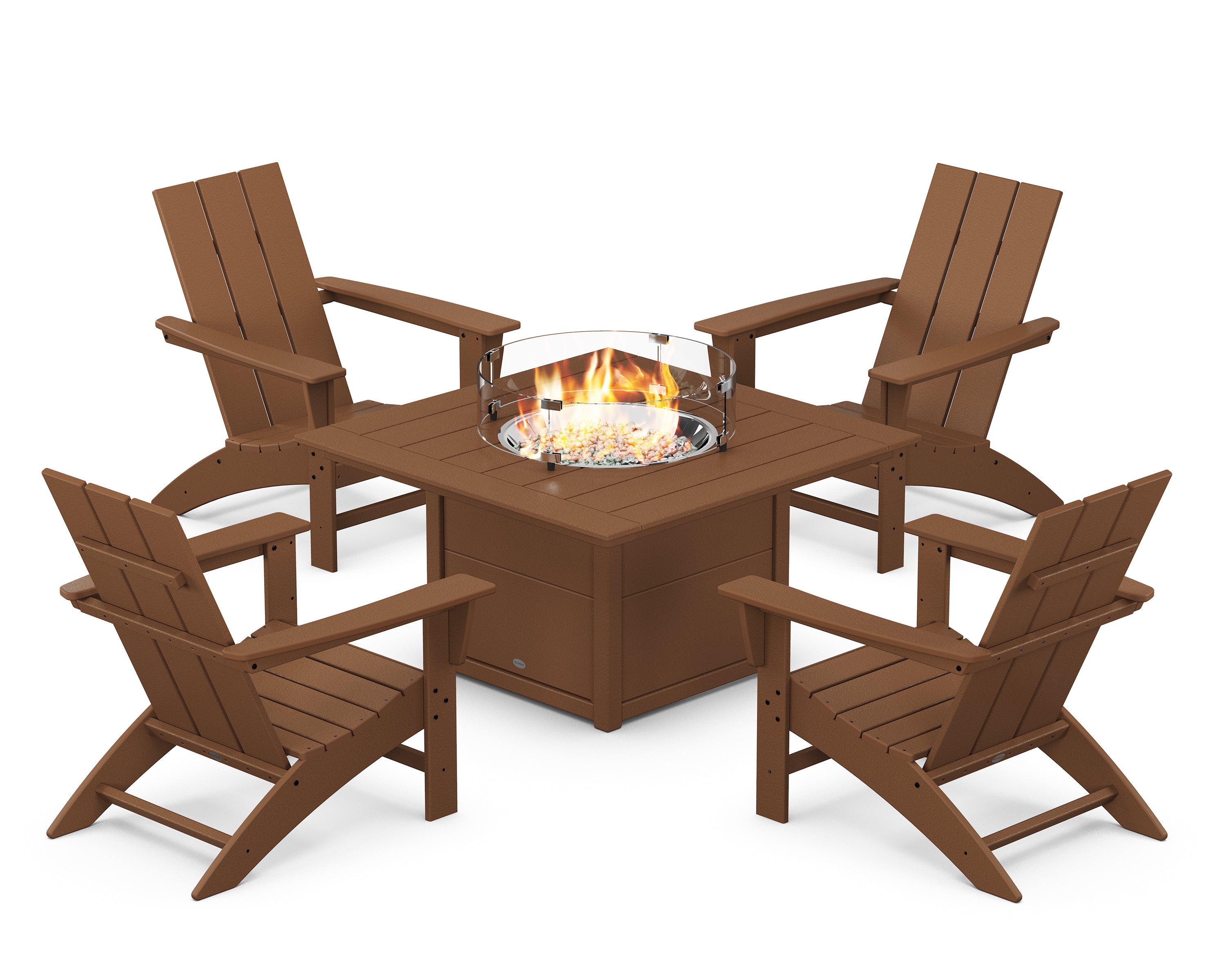 POLYWOOD® Modern 5-Piece Adirondack Chair Conversation Set with Fire Pit Table in Teak