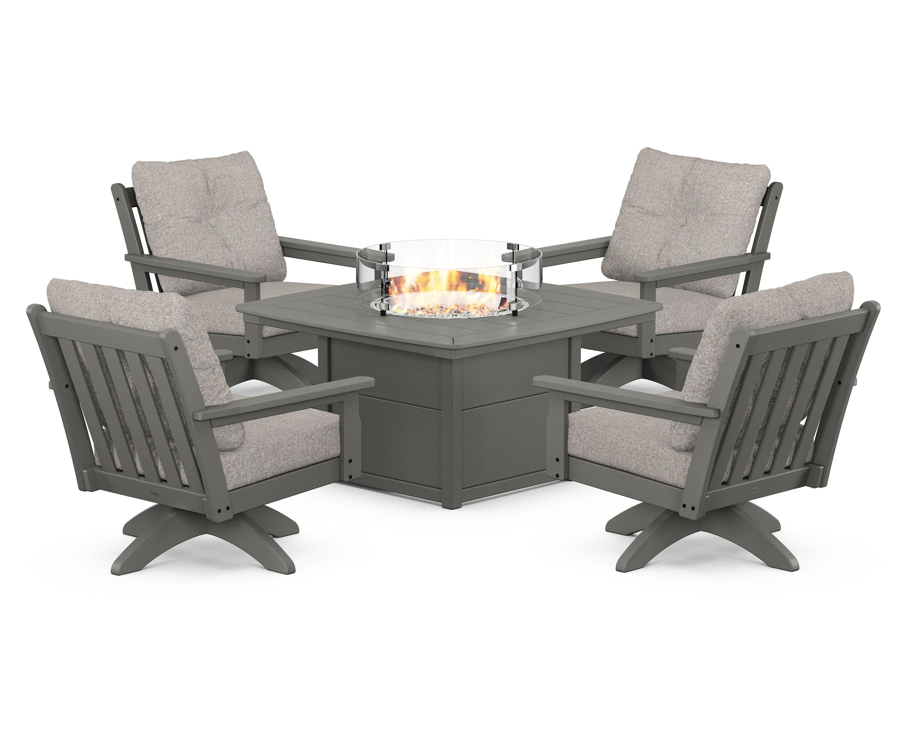 POLYWOOD Vineyard 5-Piece Deep Seating Swivel Conversation Set with Fire Pit Table in Slate Grey / Weathered Tweed