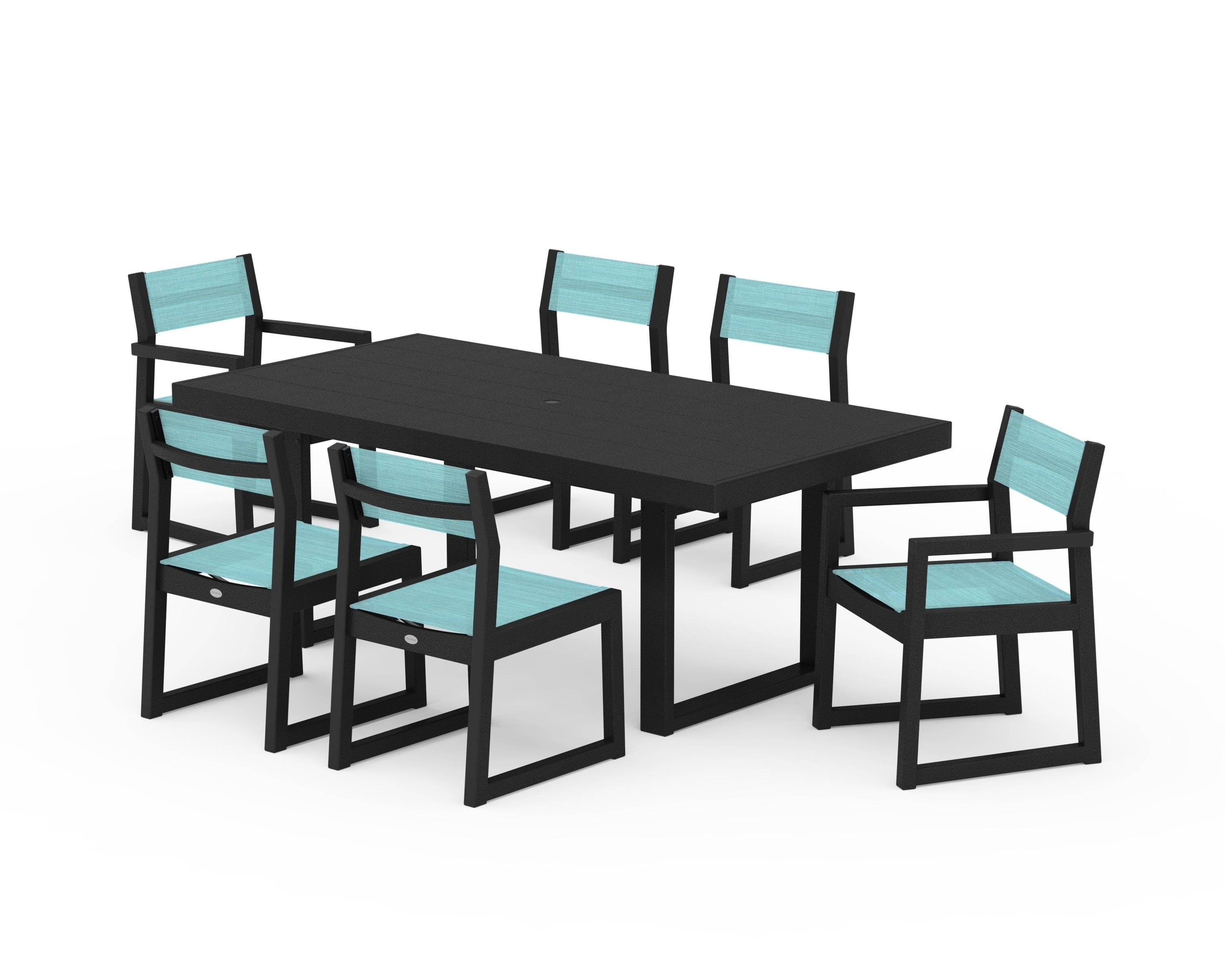 POLYWOOD EDGE Sling 7-Piece Dining Set in Black / Dupioni Aquamarine Sling