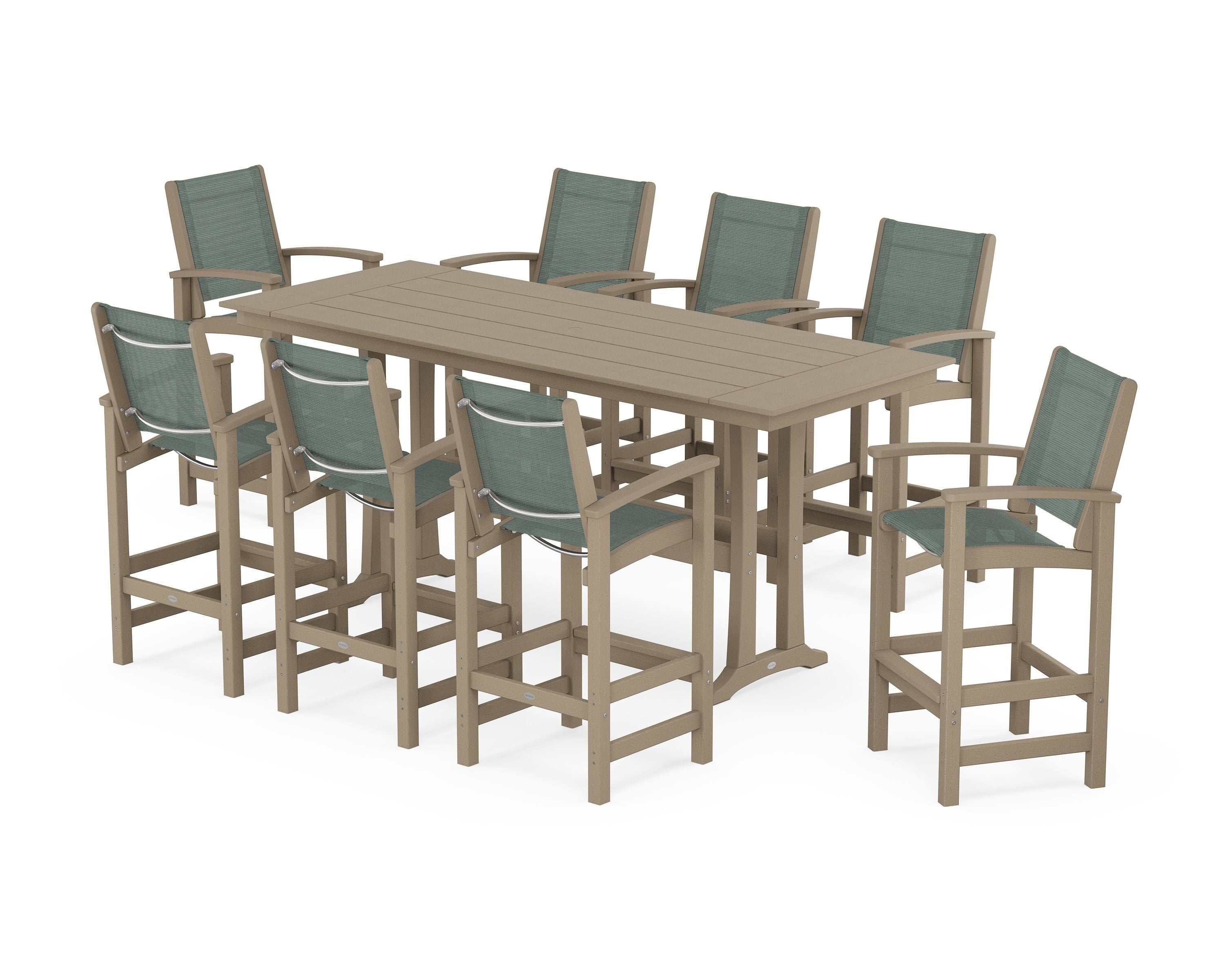 POLYWOOD Coastal 9-Piece Farmhouse Bar Set with Trestle Legs in Vintage Sahara / Dupioni Sea Mist Sling