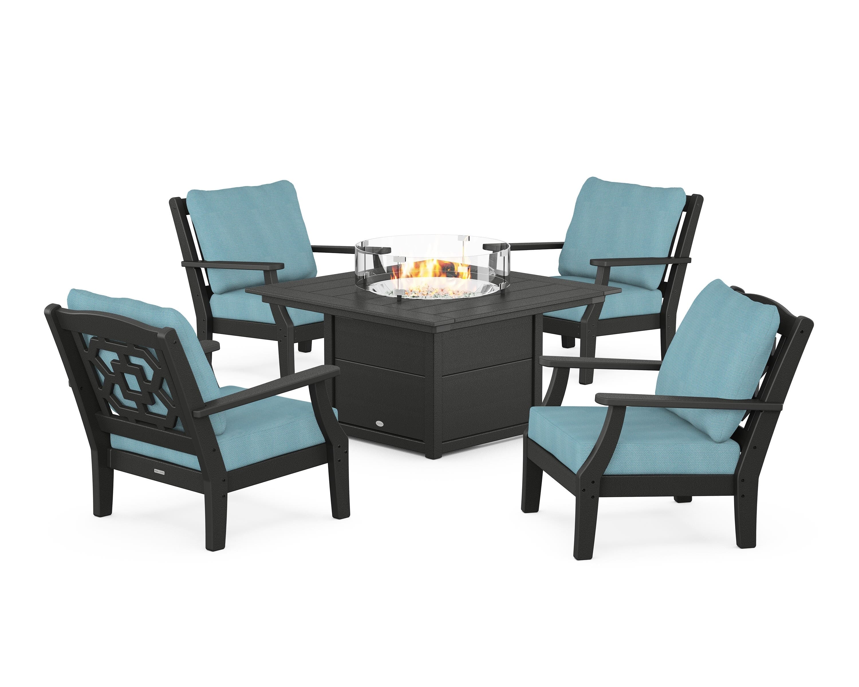 Martha Stewart by POLYWOOD Chinoiserie 5-Piece Deep Seating Set with Fire Pit Table in Black / Lattice Sky Blue