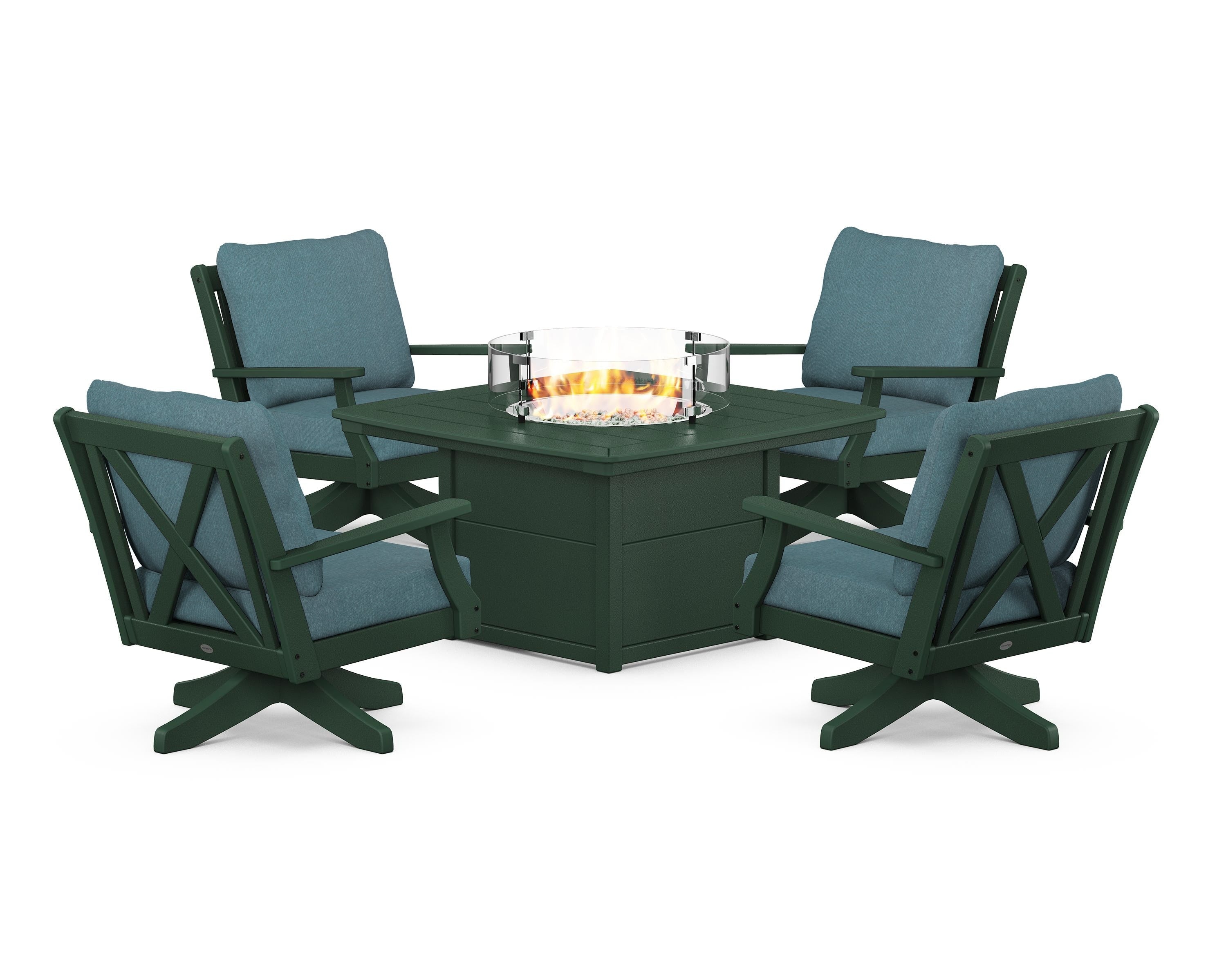 POLYWOOD Braxton 5-Piece Deep Seating Swivel Conversation Set with Fire Pit Table in Green / Ocean Teal