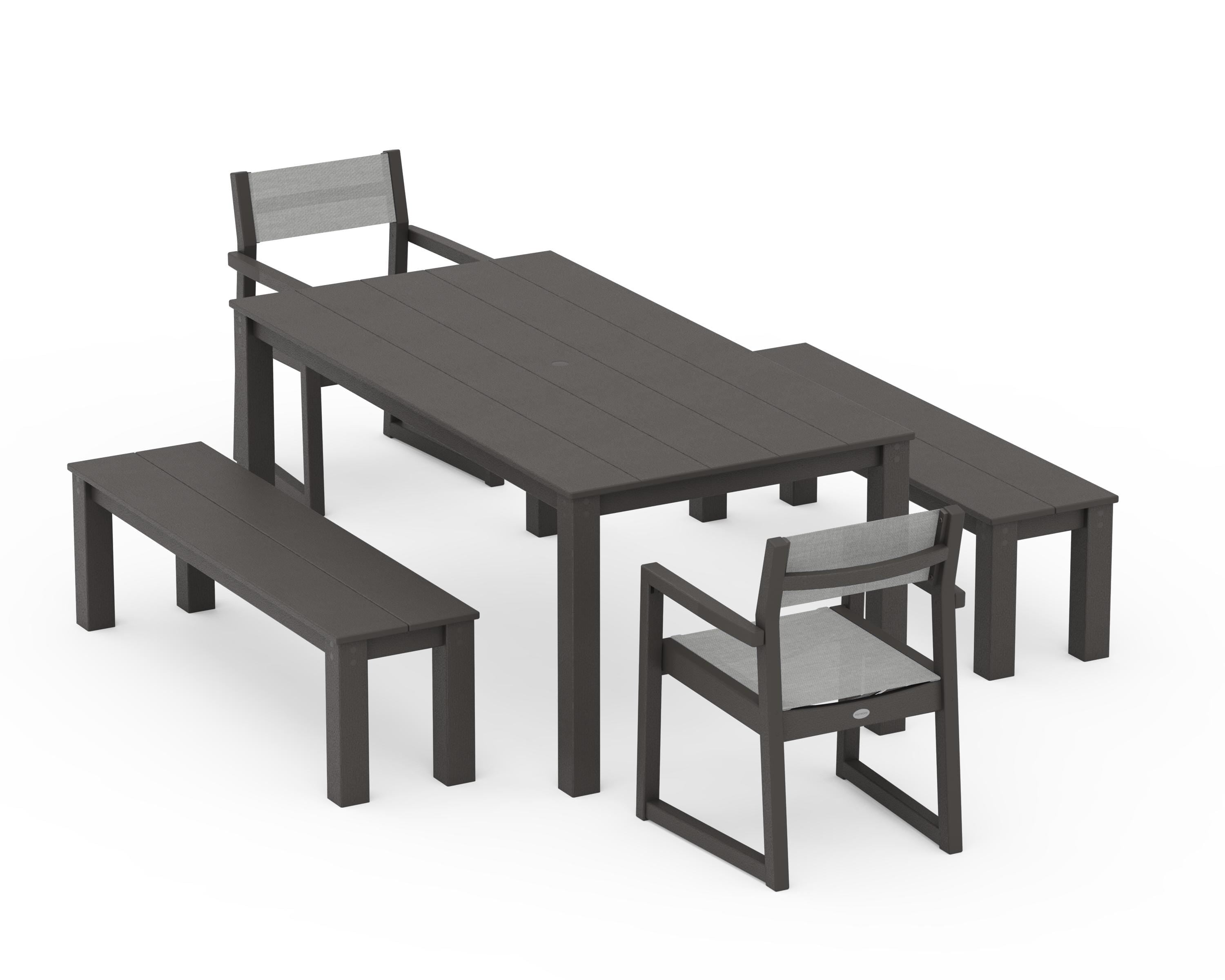 POLYWOOD EDGE Sling Arm Chair 5-Piece Parsons Dining Set with Benches in Vintage Coffee / Metallic Sling