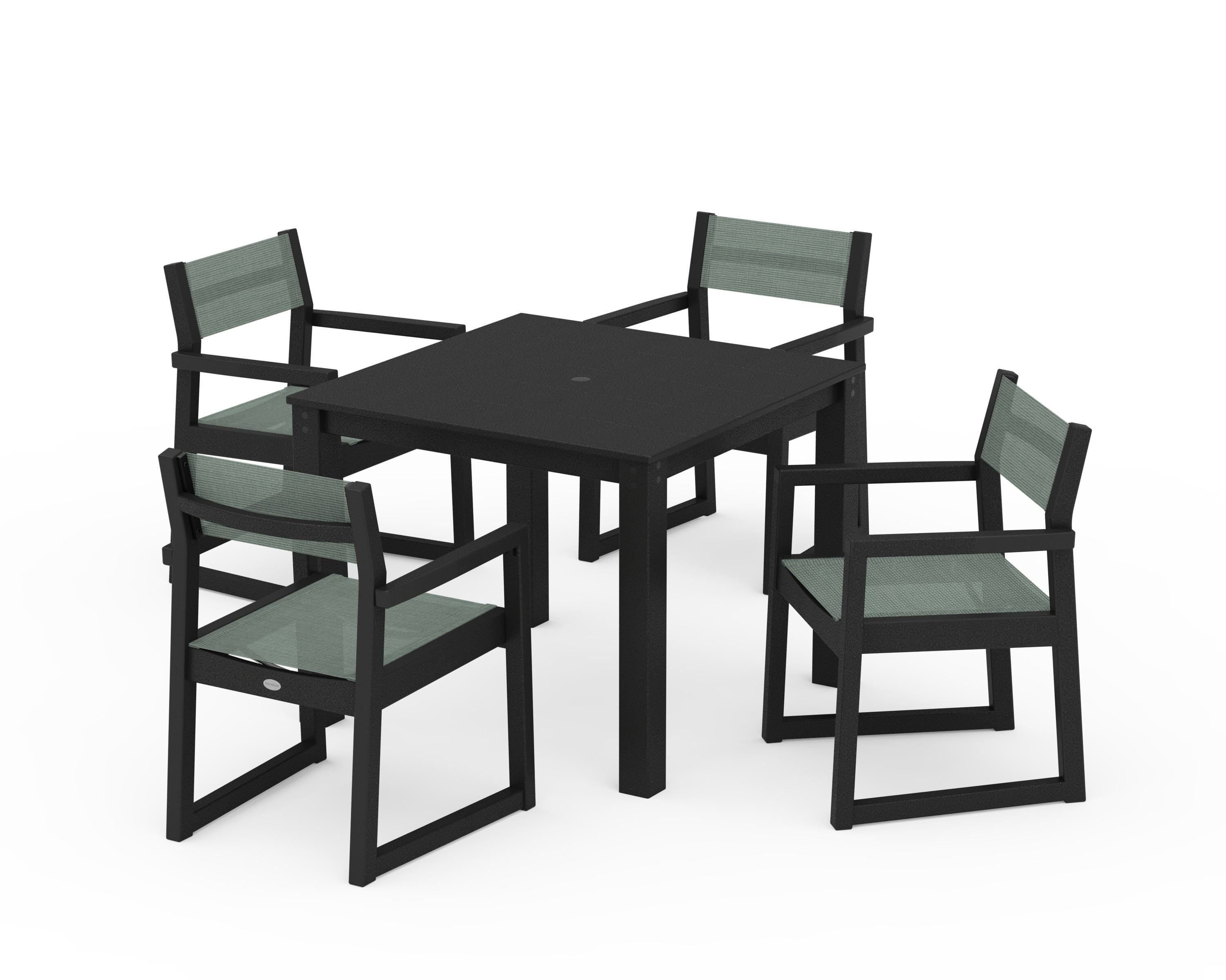 POLYWOOD EDGE Sling Arm Chair 5-Piece Parsons Dining Set in Black / Dupioni Sea Mist Sling
