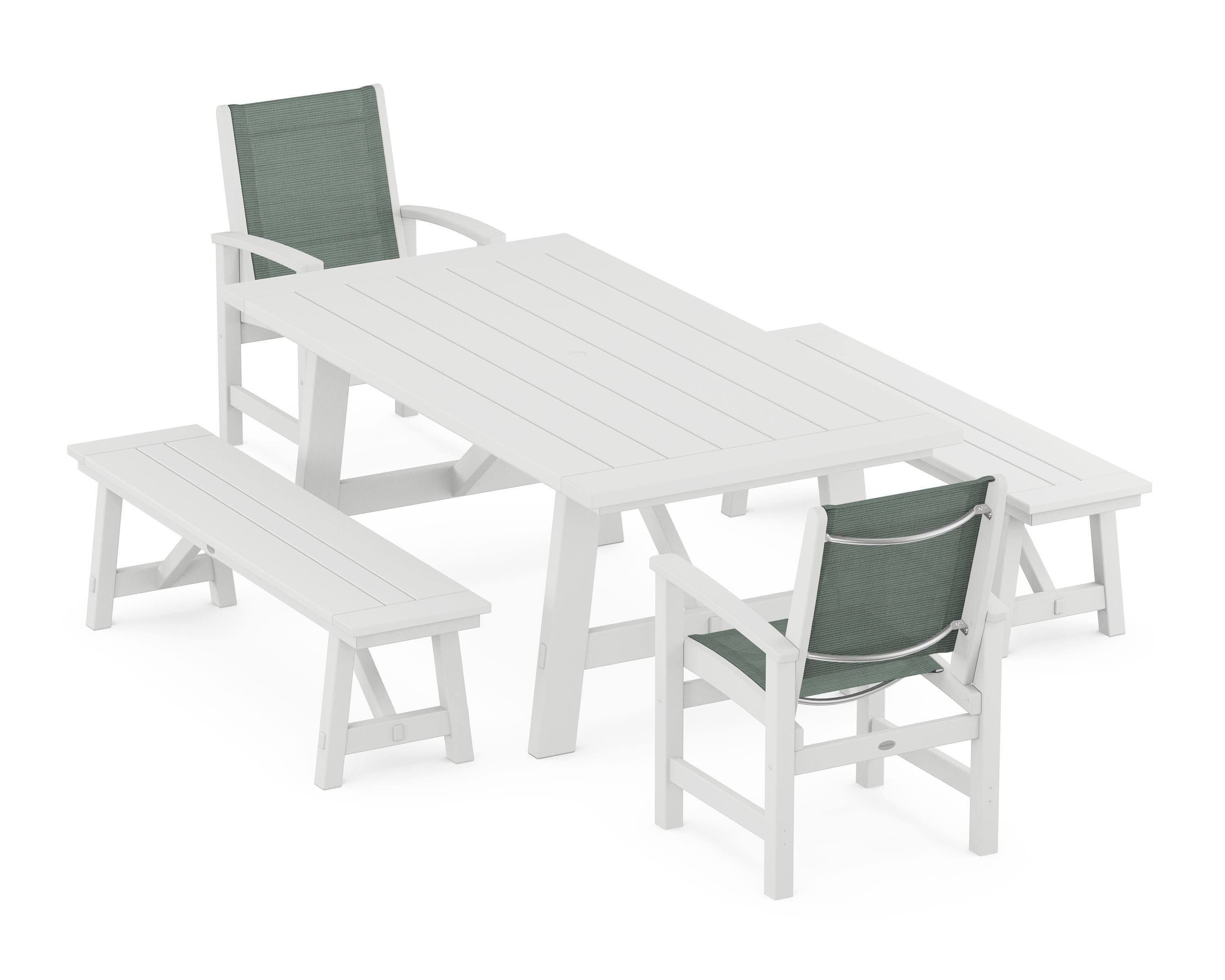 POLYWOOD Coastal 5-Piece Rustic Farmhouse Dining Set With Benches in White / Dupioni Sea Mist Sling