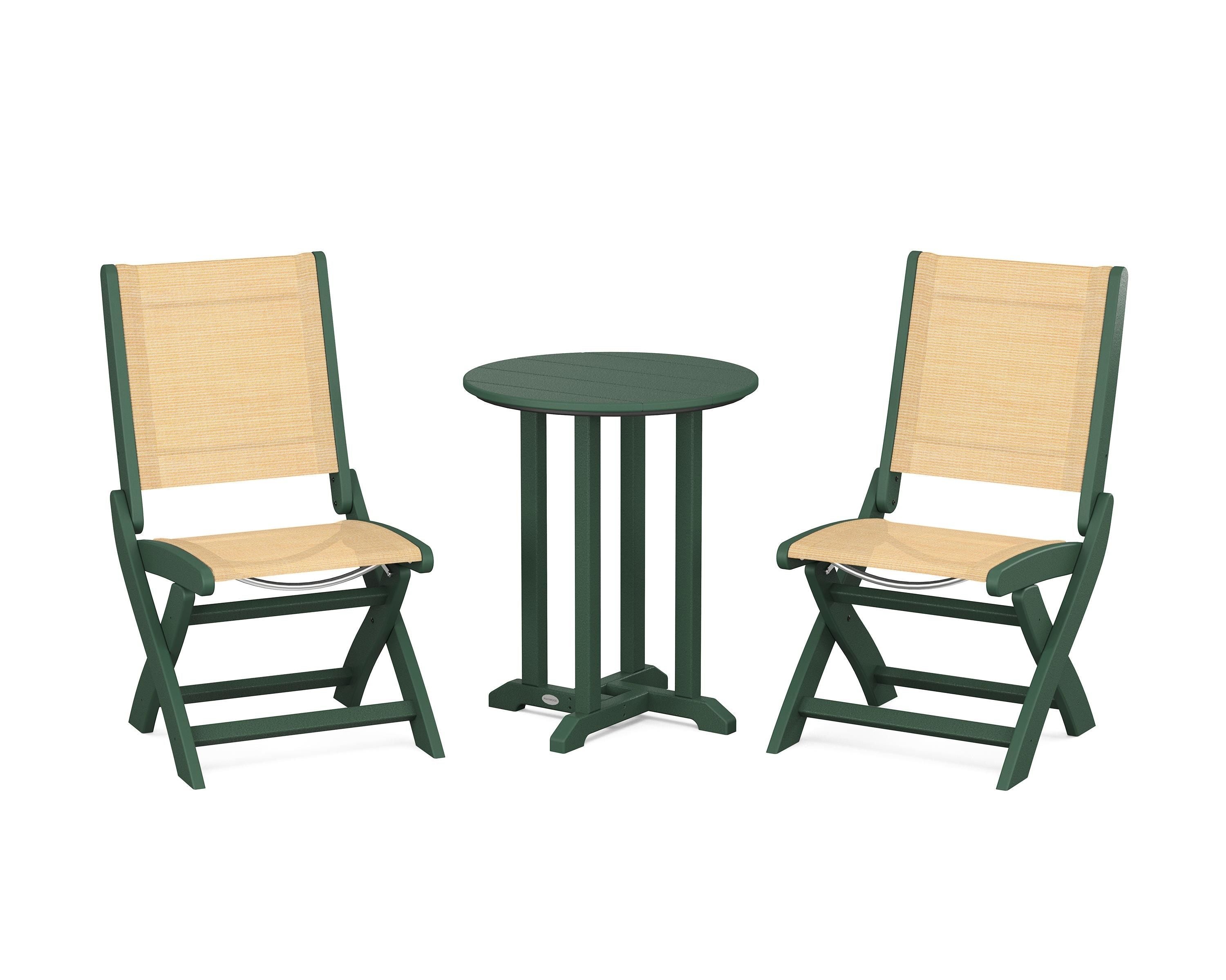 POLYWOOD Coastal Folding Side Chair 3-Piece Round Bistro Dining Set in Green / Dupioni Apricot Sling