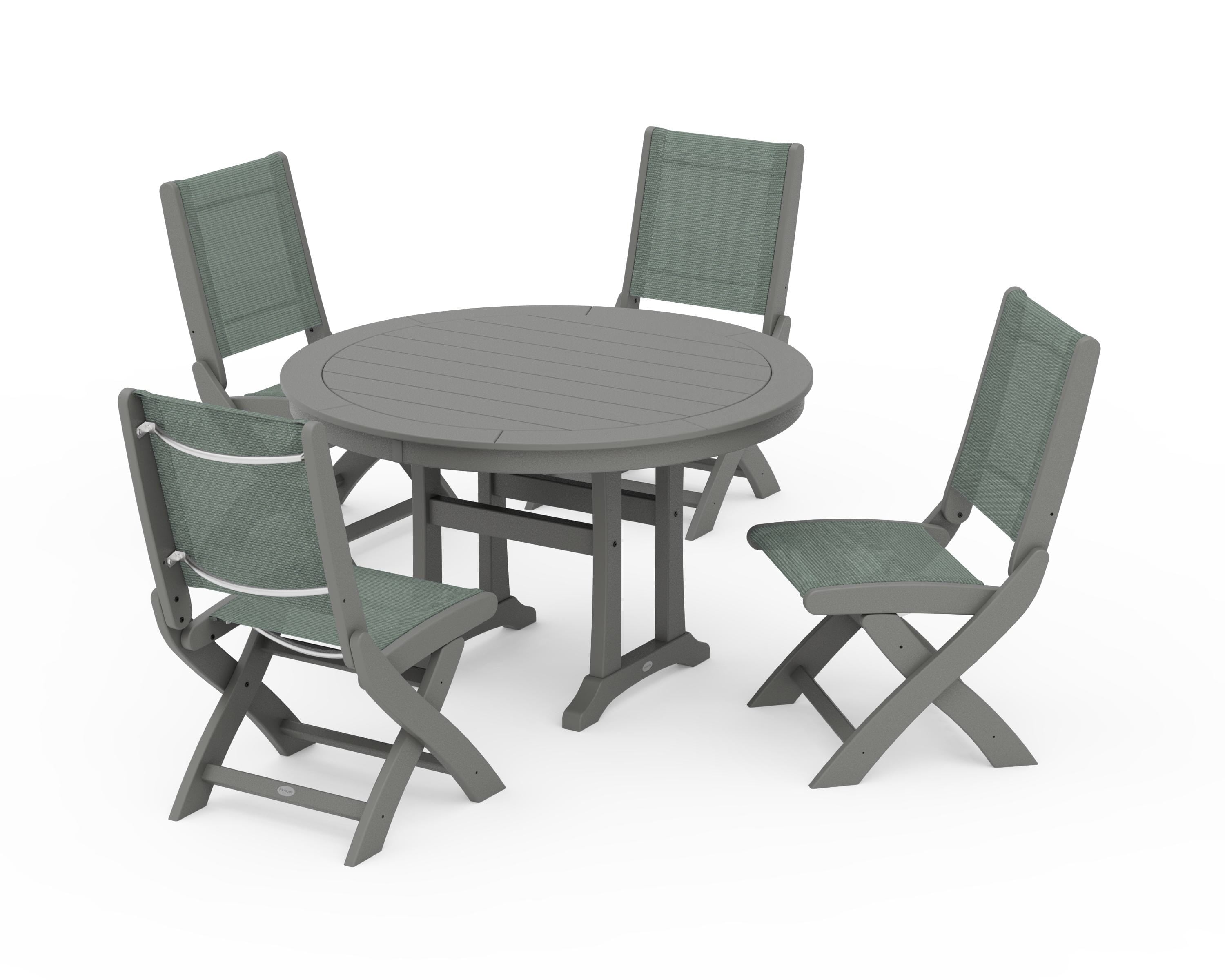 POLYWOOD Coastal Folding Side Chair 5-Piece Round Dining Set With Trestle Legs in Slate Grey / Dupioni Sea Mist Sling