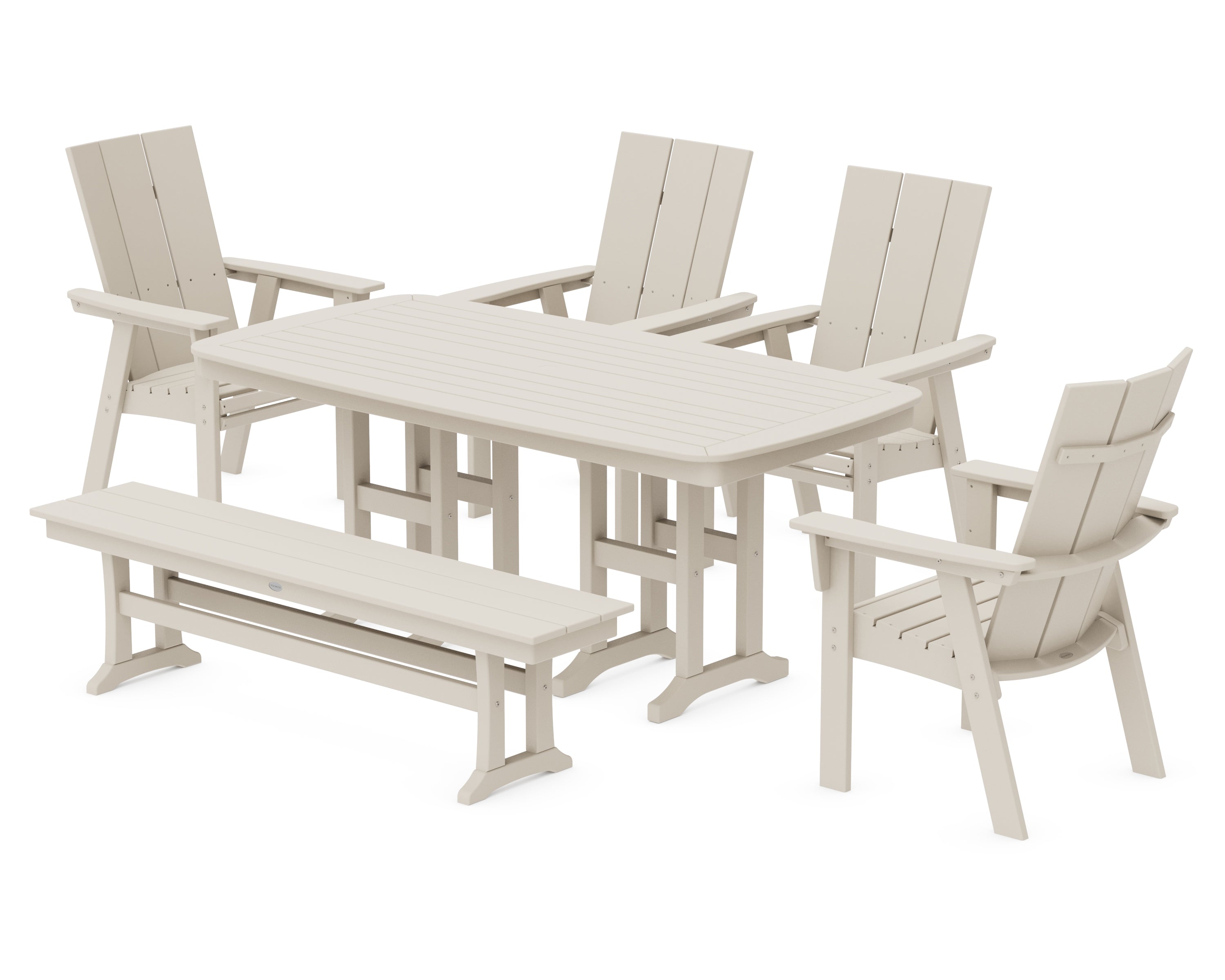 POLYWOOD Modern Curveback Adirondack 6-Piece Dining Set with Bench in Sand
