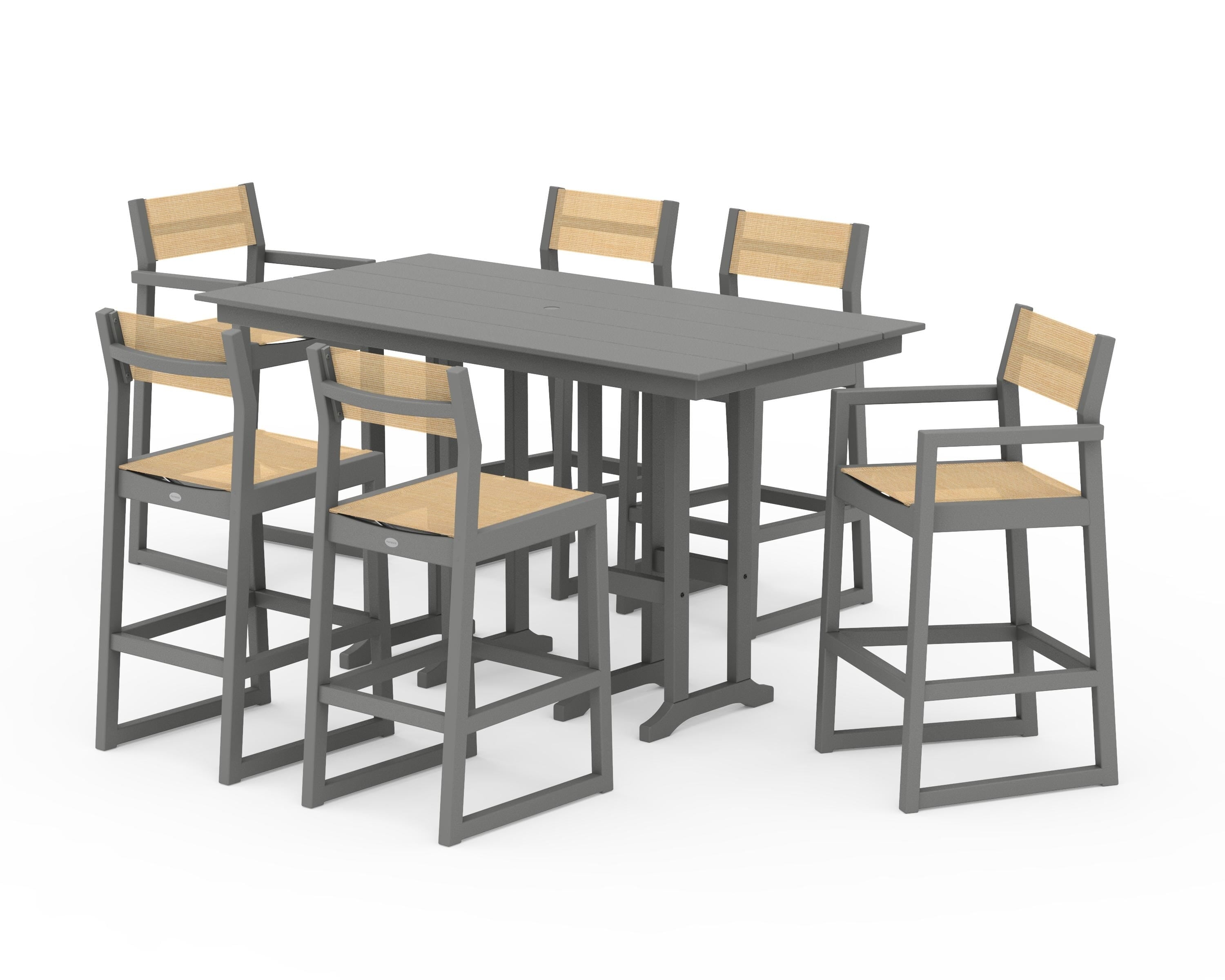 POLYWOOD EDGE Sling 7-Piece Farmhouse Bar Set in Slate Grey / Dupioni Apricot Sling