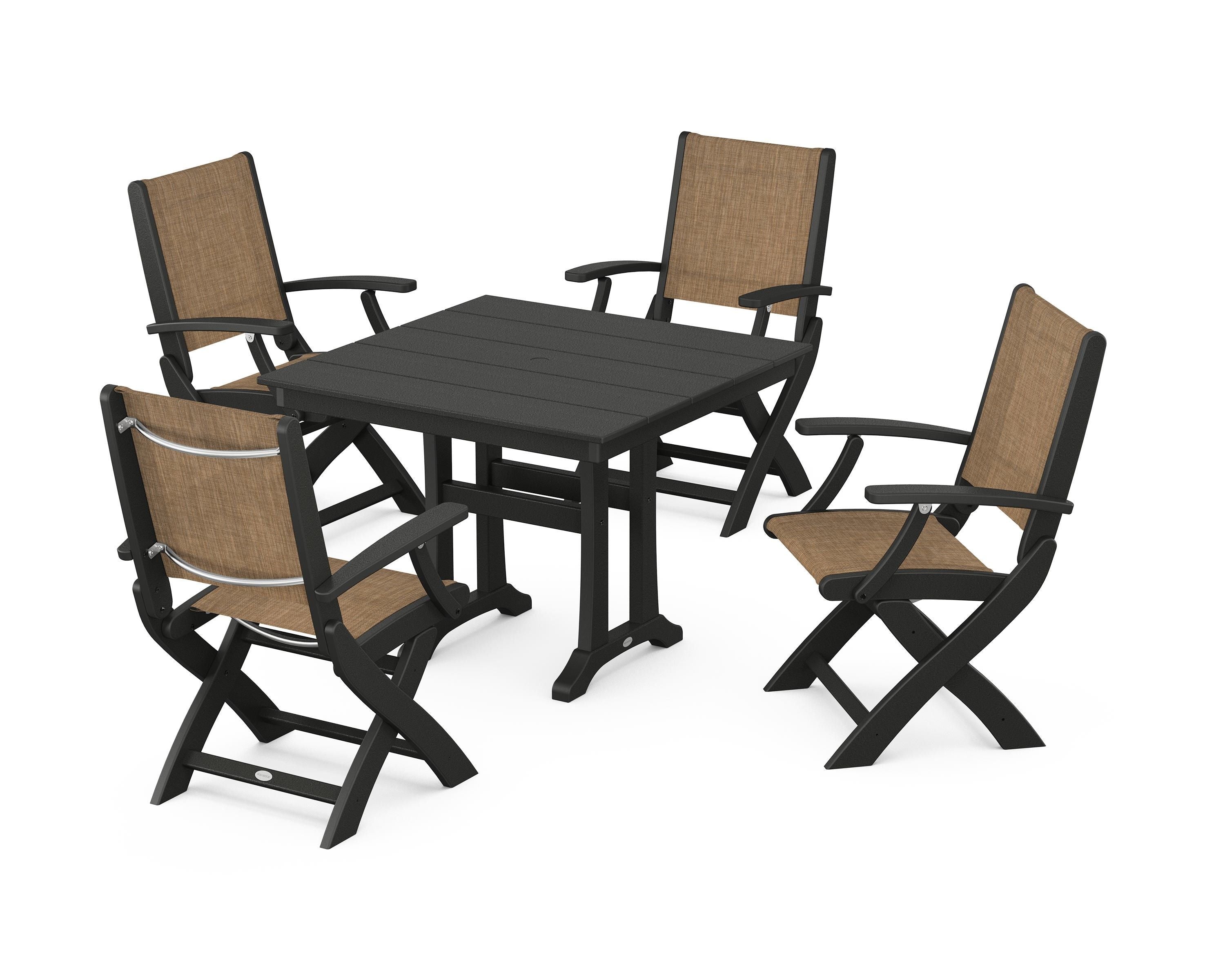 POLYWOOD Coastal Folding Chair 5-Piece Farmhouse Dining Set With Trestle Legs in Black / Burlap Sling