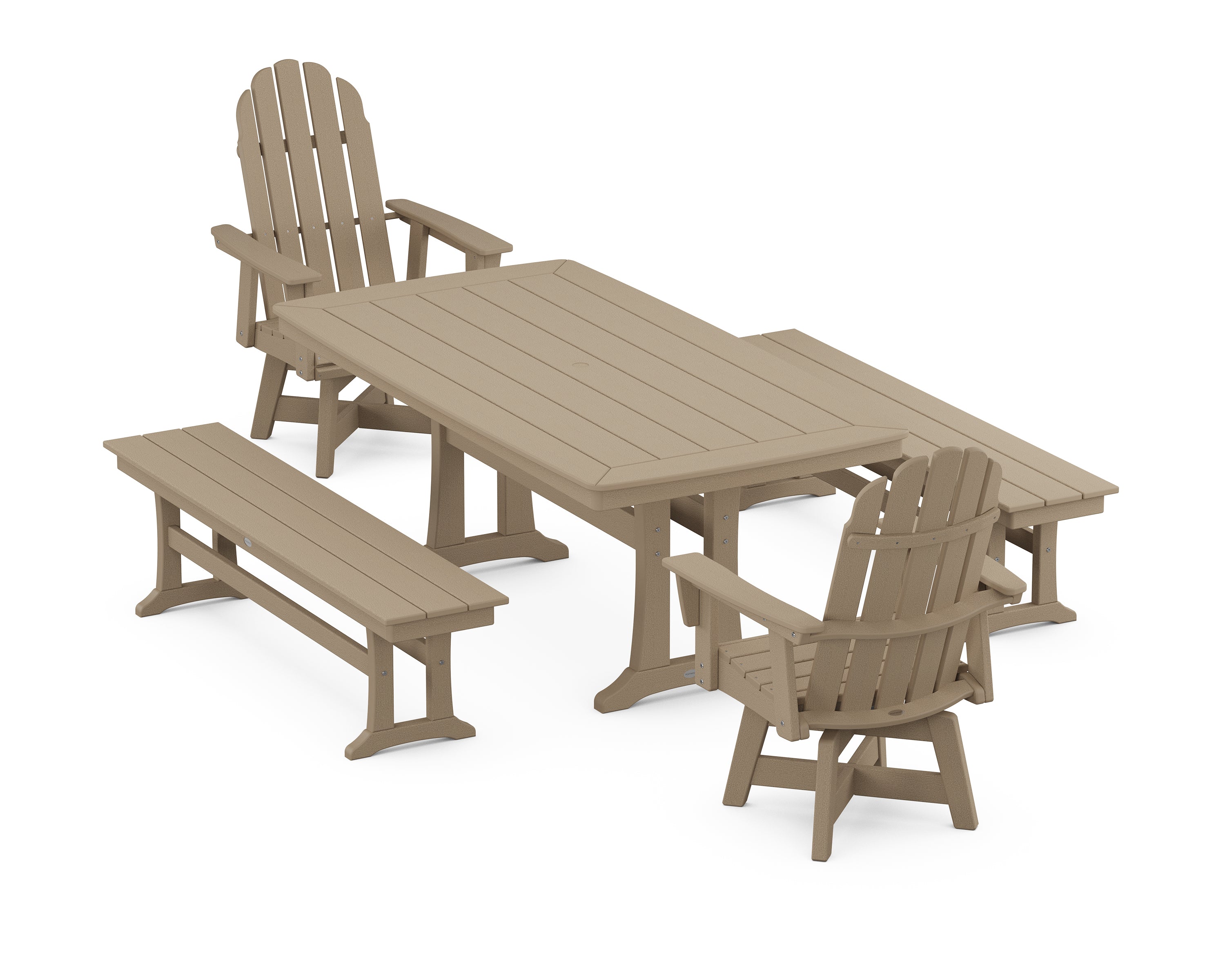 POLYWOOD® Vineyard Adirondack Swivel Chair 5-Piece Dining Set with Trestle Legs and Benches in Vintage Sahara