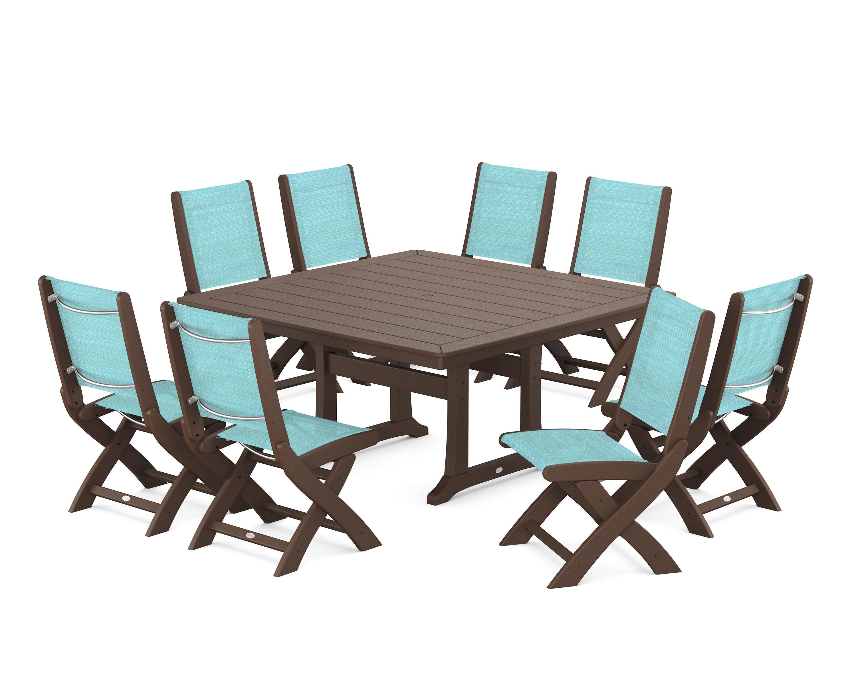POLYWOOD Coastal Folding Side Chair 9-Piece Dining Set with Trestle Legs in Mahogany / Dupioni Aquamarine Sling