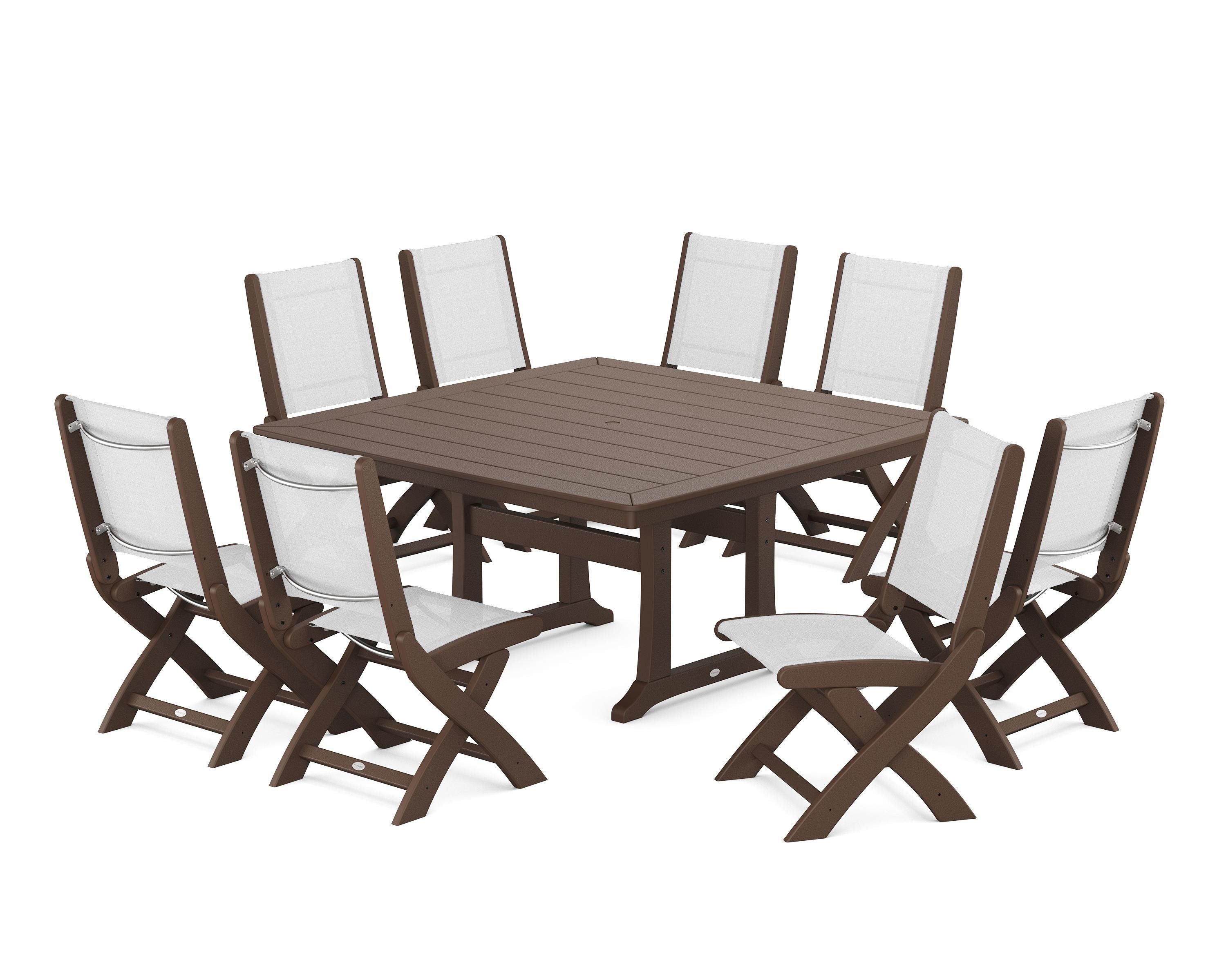 POLYWOOD Coastal Folding Side Chair 9-Piece Dining Set with Trestle Legs in Mahogany / White Sling