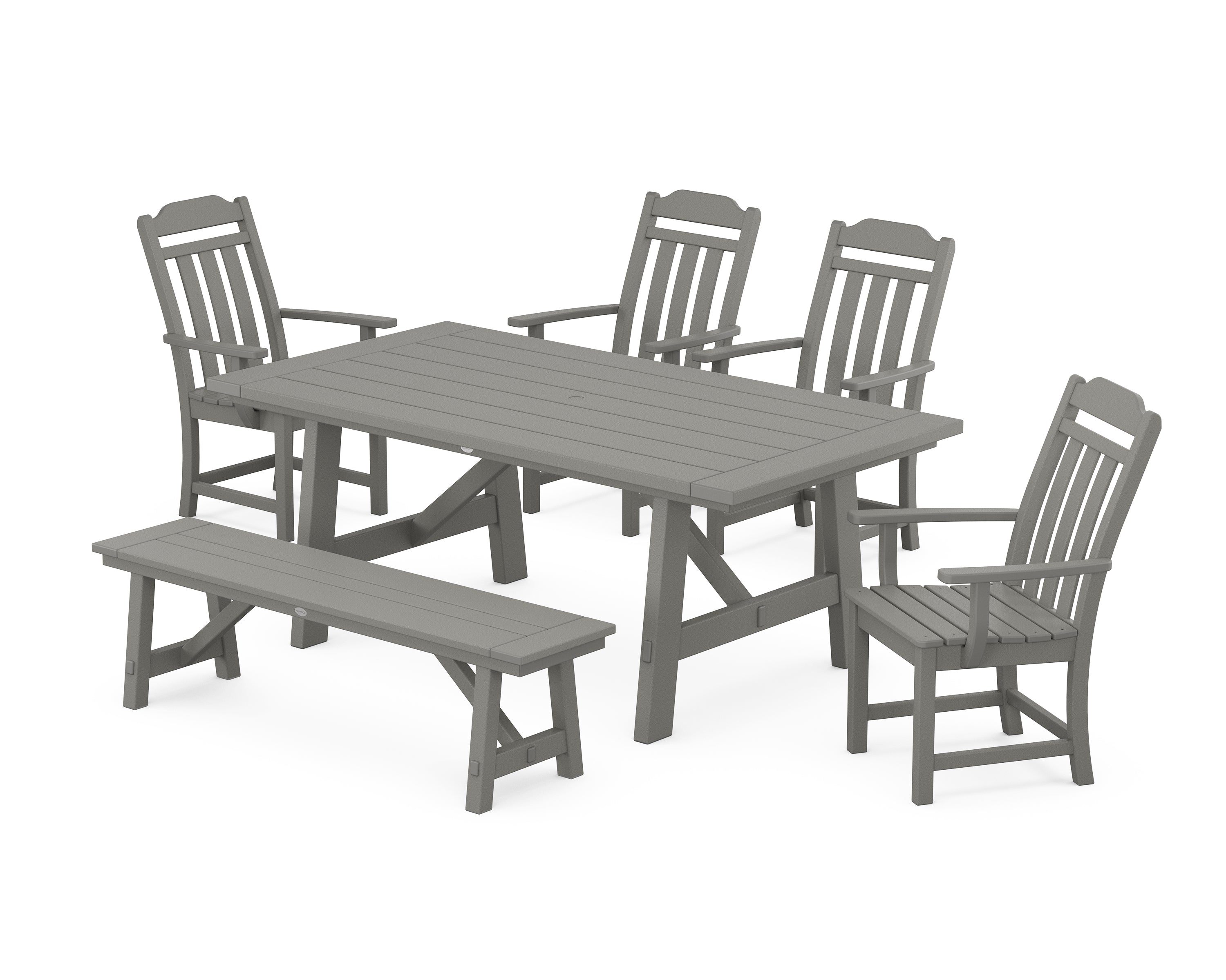 Polywood Country Living 6-Piece Rustic Farmhouse Dining Set with Bench in Slate Grey