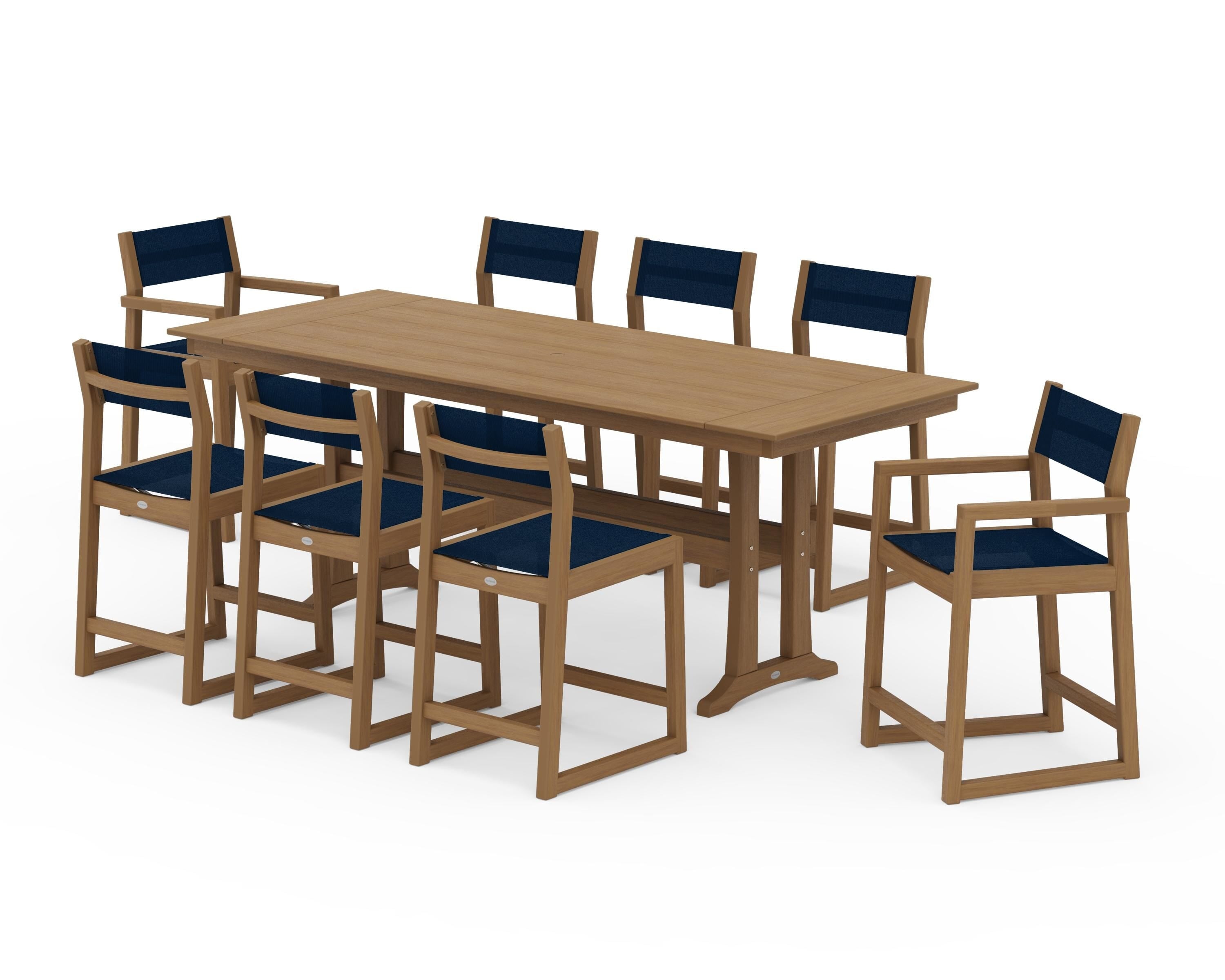 POLYWOOD EDGE Sling 9-Piece Farmhouse Counter Set with Trestle Legs in Natural / Navy Blue Sling