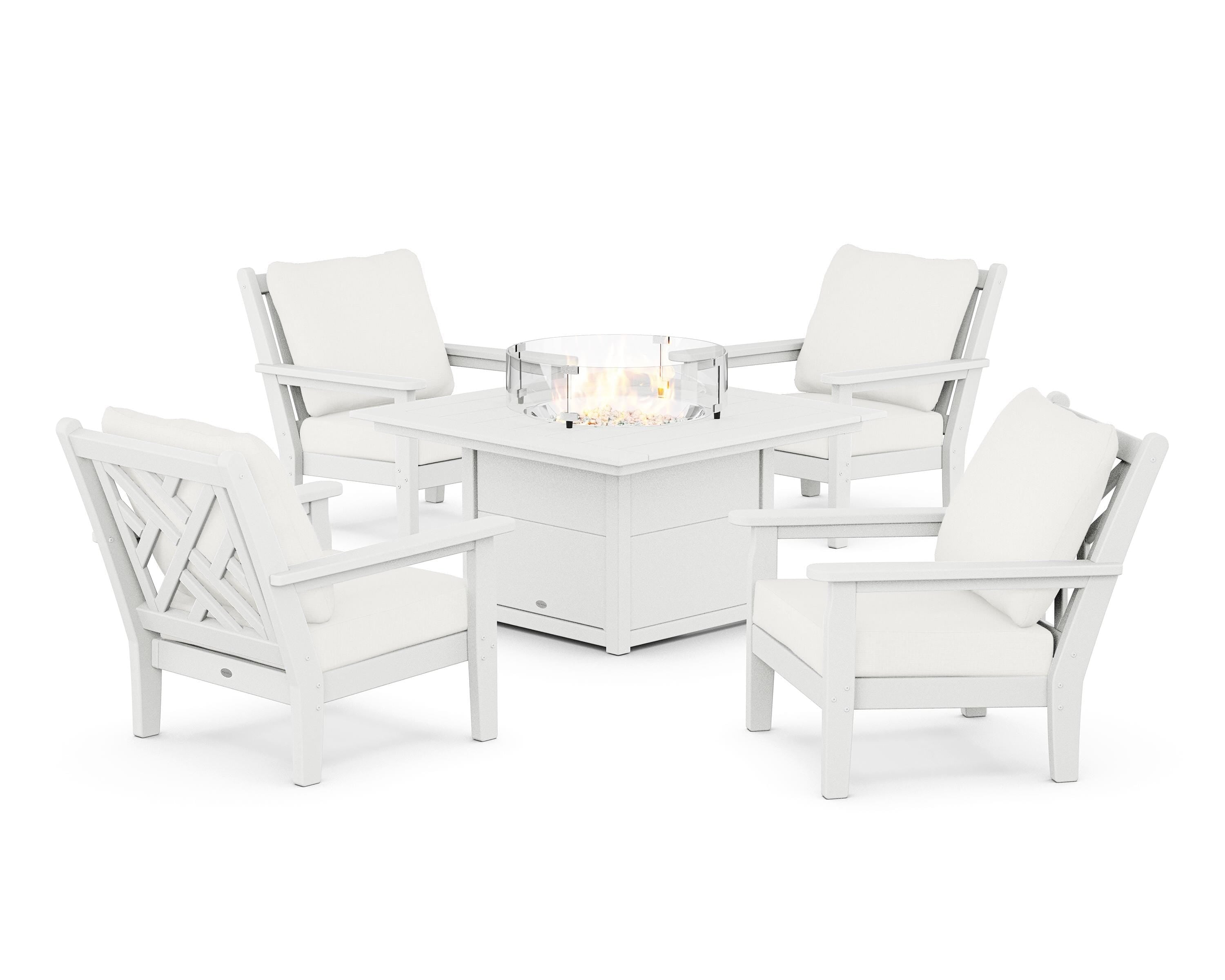 POLYWOOD Chippendale 5-Piece Deep Seating Set with Fire Pit Table in White / Natural Linen
