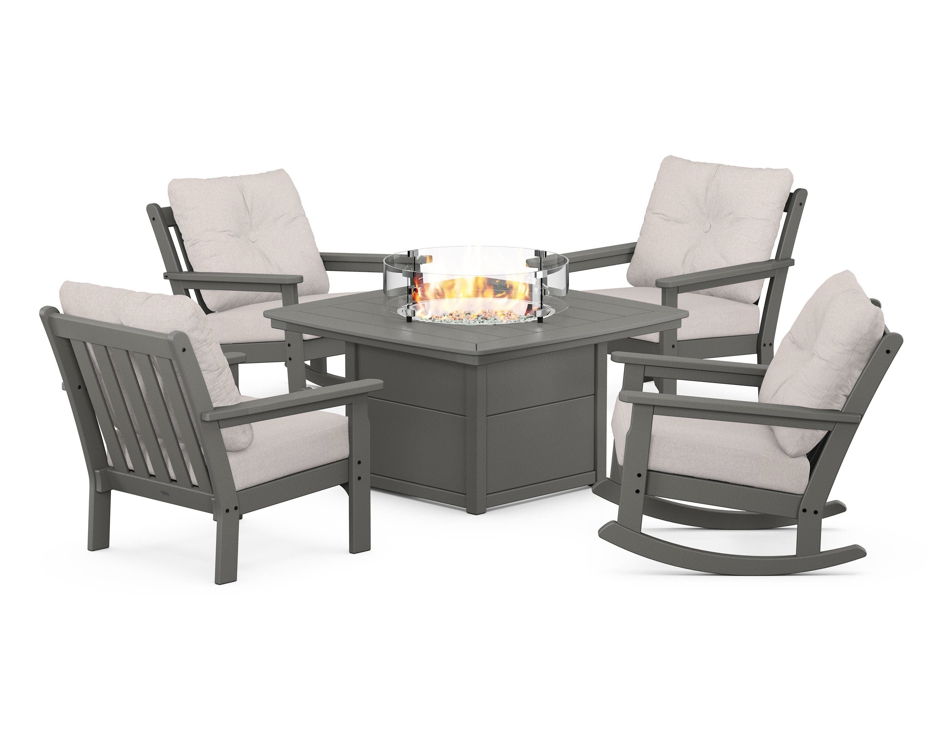 POLYWOOD Vineyard 5-Piece Deep Seating Rocking Chair Conversation Set with Fire Pit Table in Slate Grey / Dune Burlap