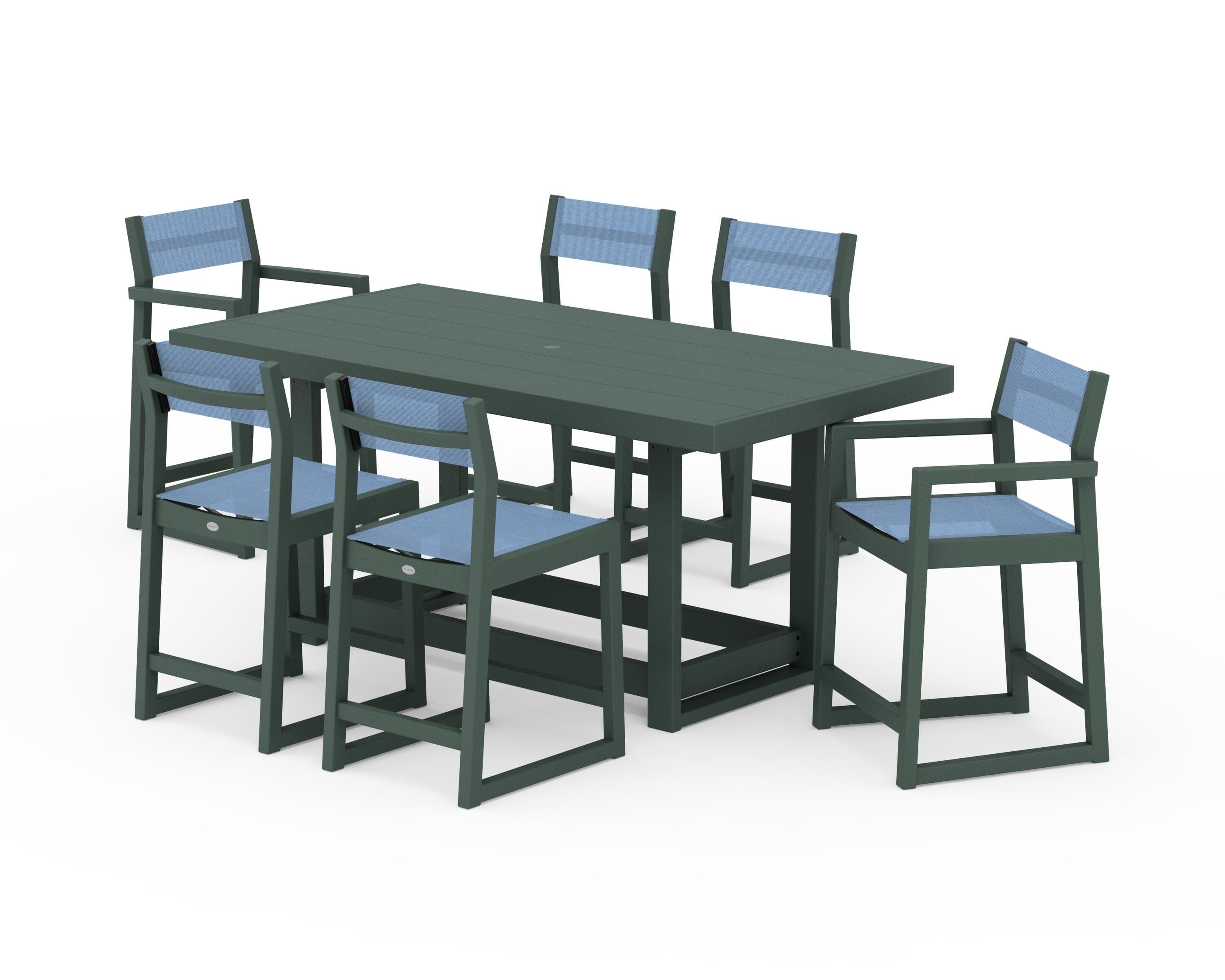 POLYWOOD EDGE Sling 7-Piece Counter Table Set in Green / Poolside Sling