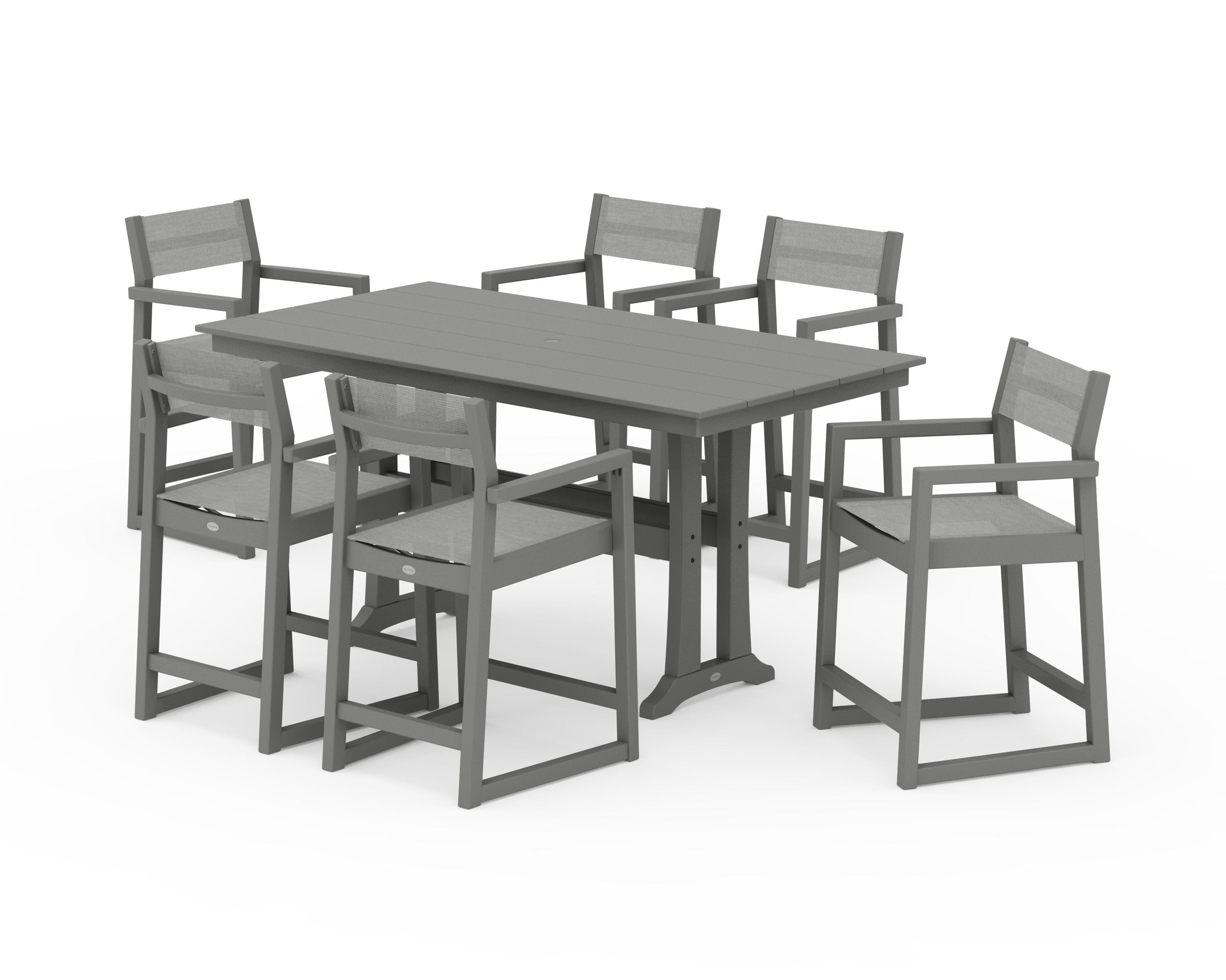 POLYWOOD EDGE Sling Arm Chair 7-Piece Farmhouse Counter Set with Trestle Legs in Slate Grey / Metallic Sling