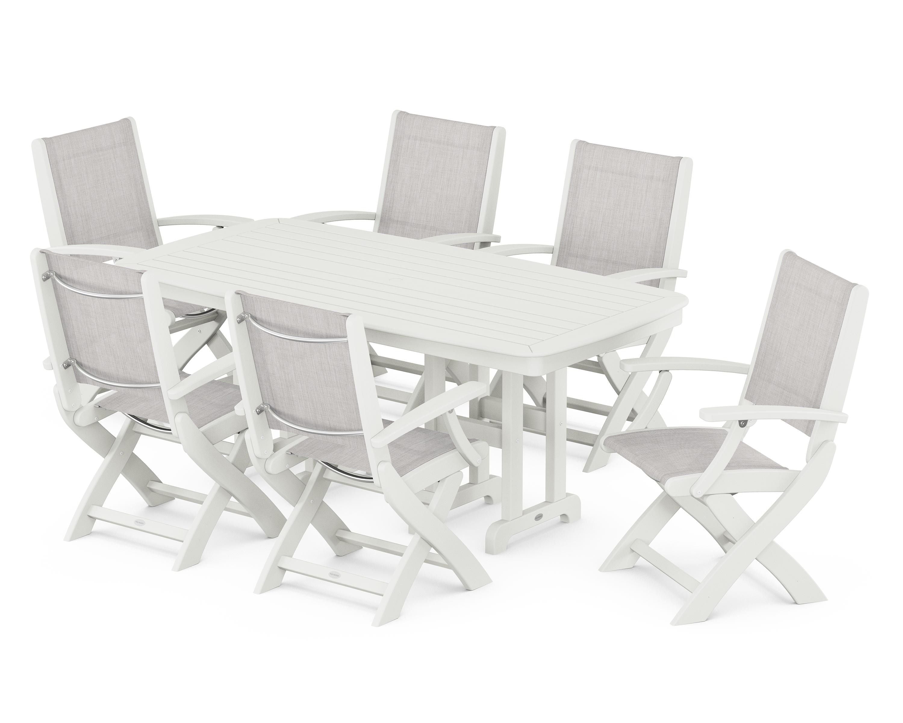 POLYWOOD Coastal Folding Arm Chair 7-Piece Dining Set in Vintage White / Parchment Sling