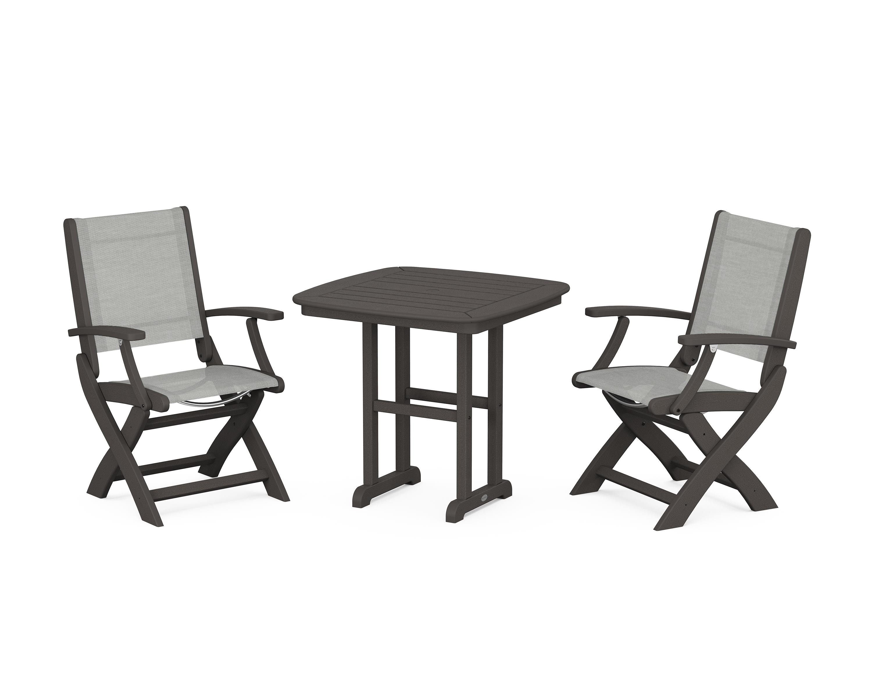 POLYWOOD Coastal Folding Chair 3-Piece Dining Set in Vintage Coffee / Metallic Sling
