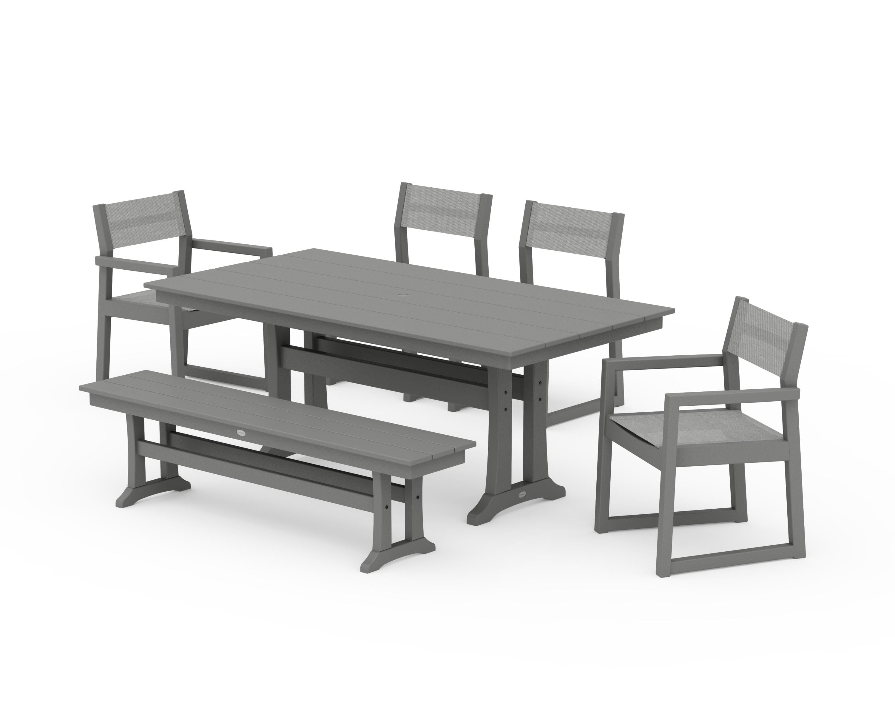 POLYWOOD EDGE Sling 6-Piece Farmhouse Dining Set With Trestle Legs in Slate Grey / Metallic Sling