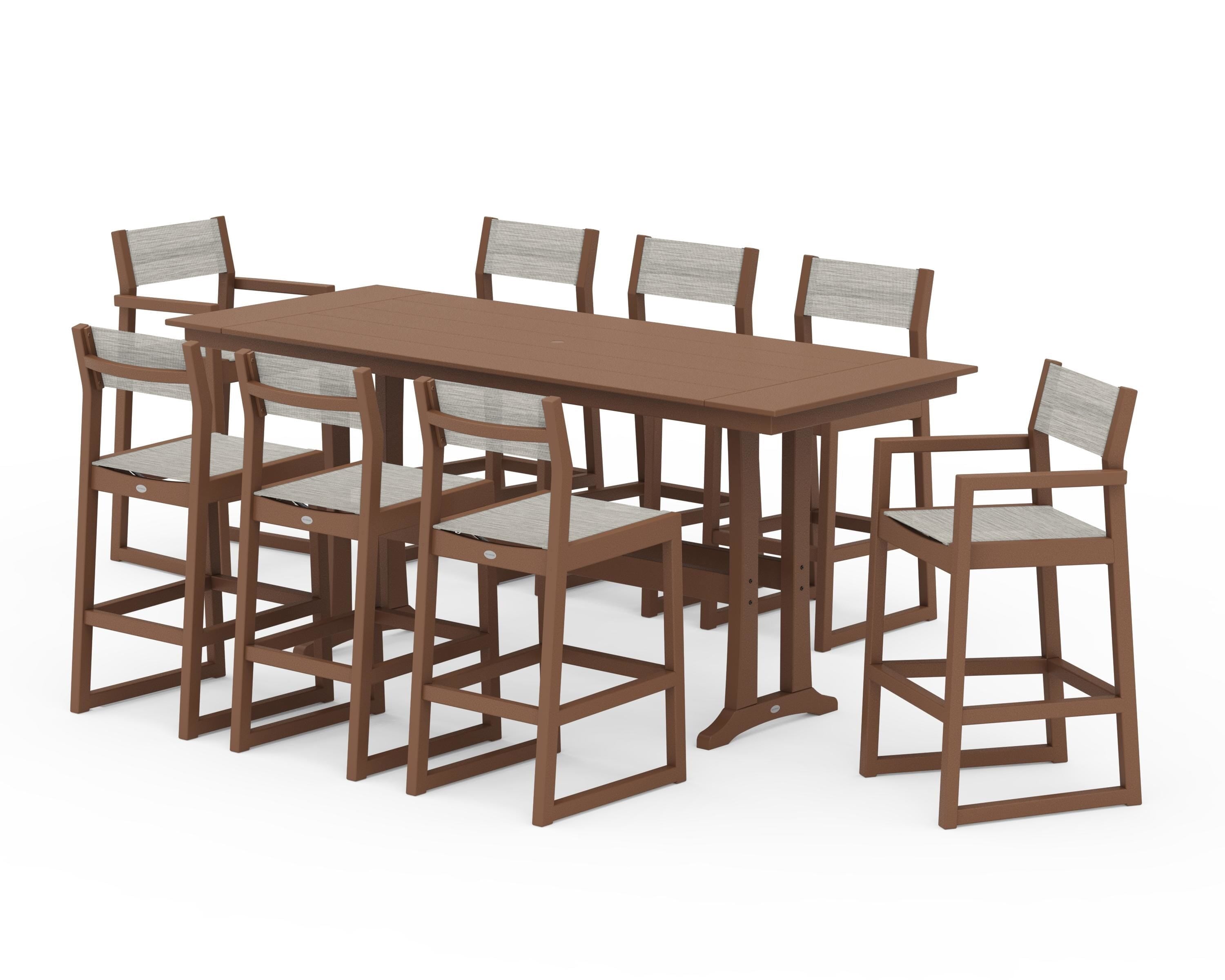 POLYWOOD EDGE Sling 9-Piece Farmhouse Bar Set with Trestle Legs in Teak / Birch Sling