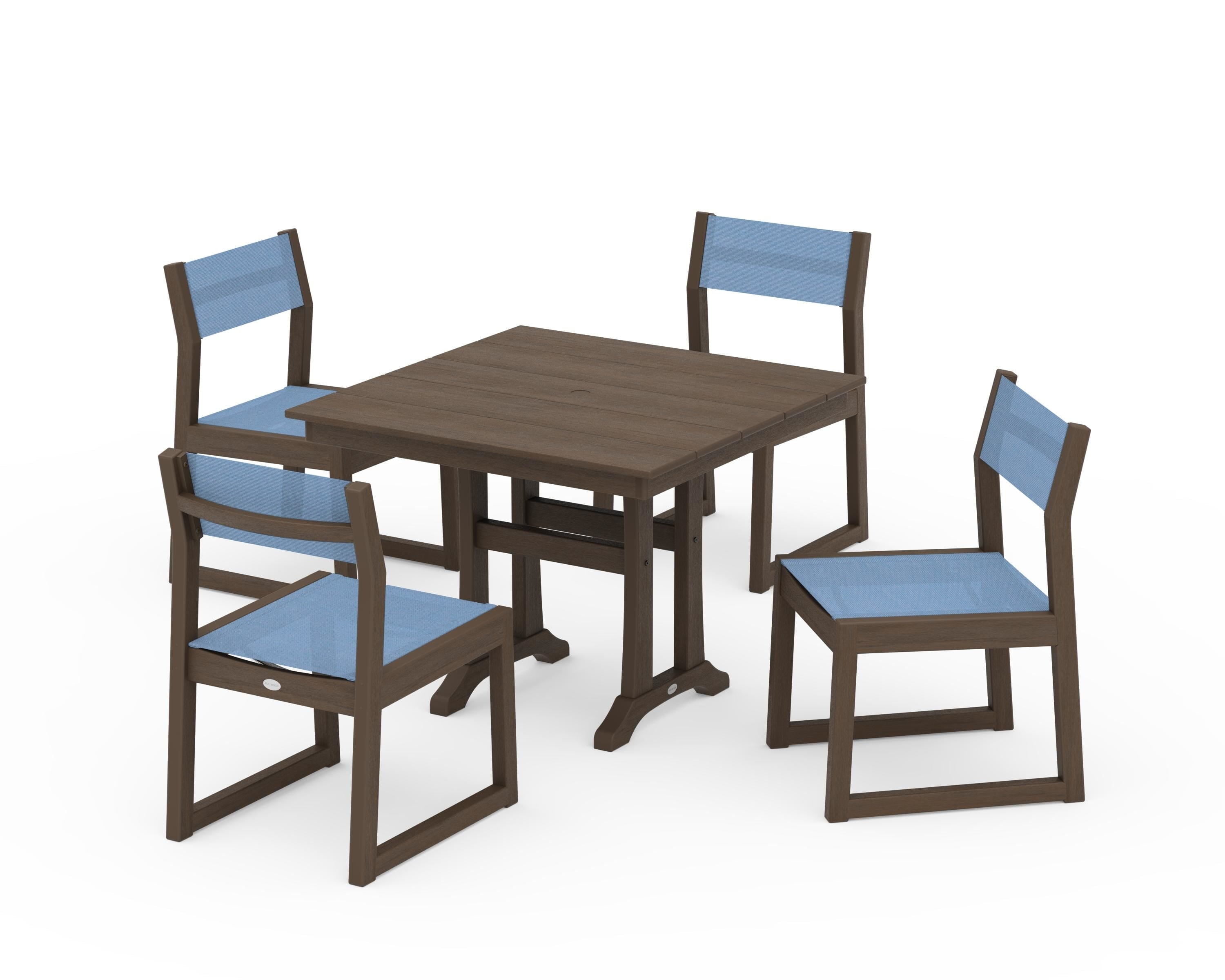 POLYWOOD EDGE Sling 5-Piece Farmhouse Trestle Side Chair Dining Set in Kona / Poolside Sling