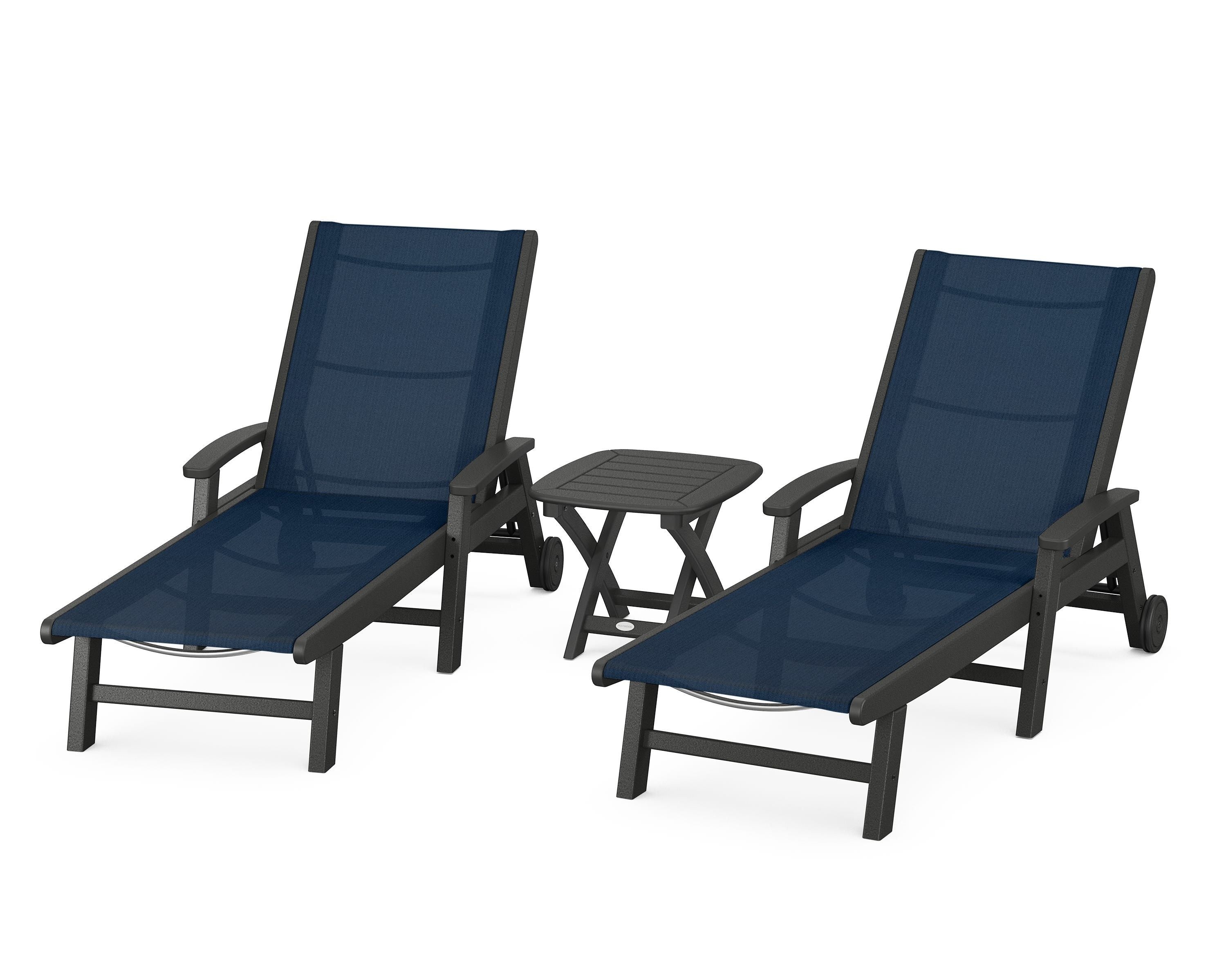 POLYWOOD Coastal 3-Piece Wheeled Chaise Set in Black / Navy Blue Sling