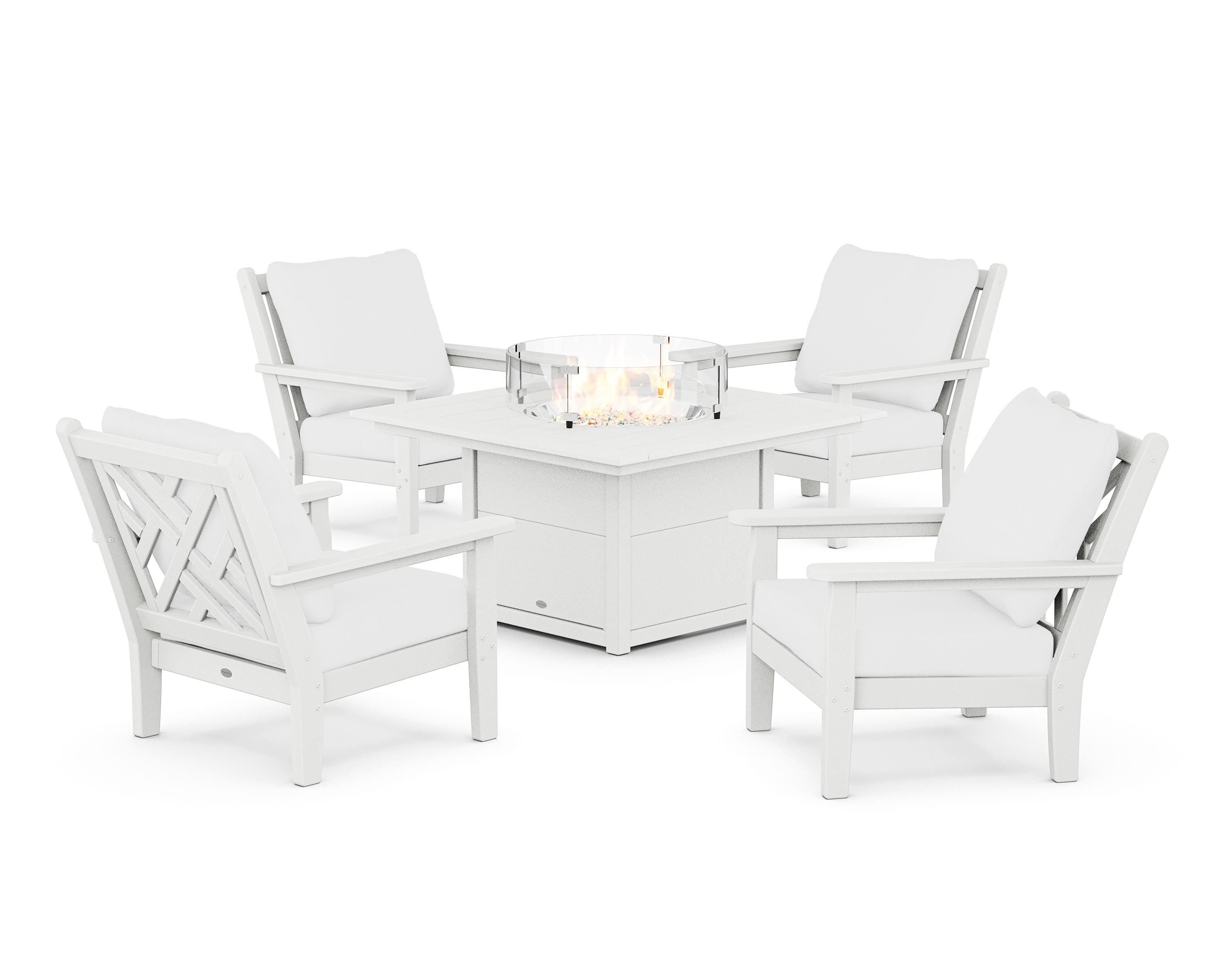 POLYWOOD Chippendale 5-Piece Deep Seating Set with Fire Pit Table in White / Natural