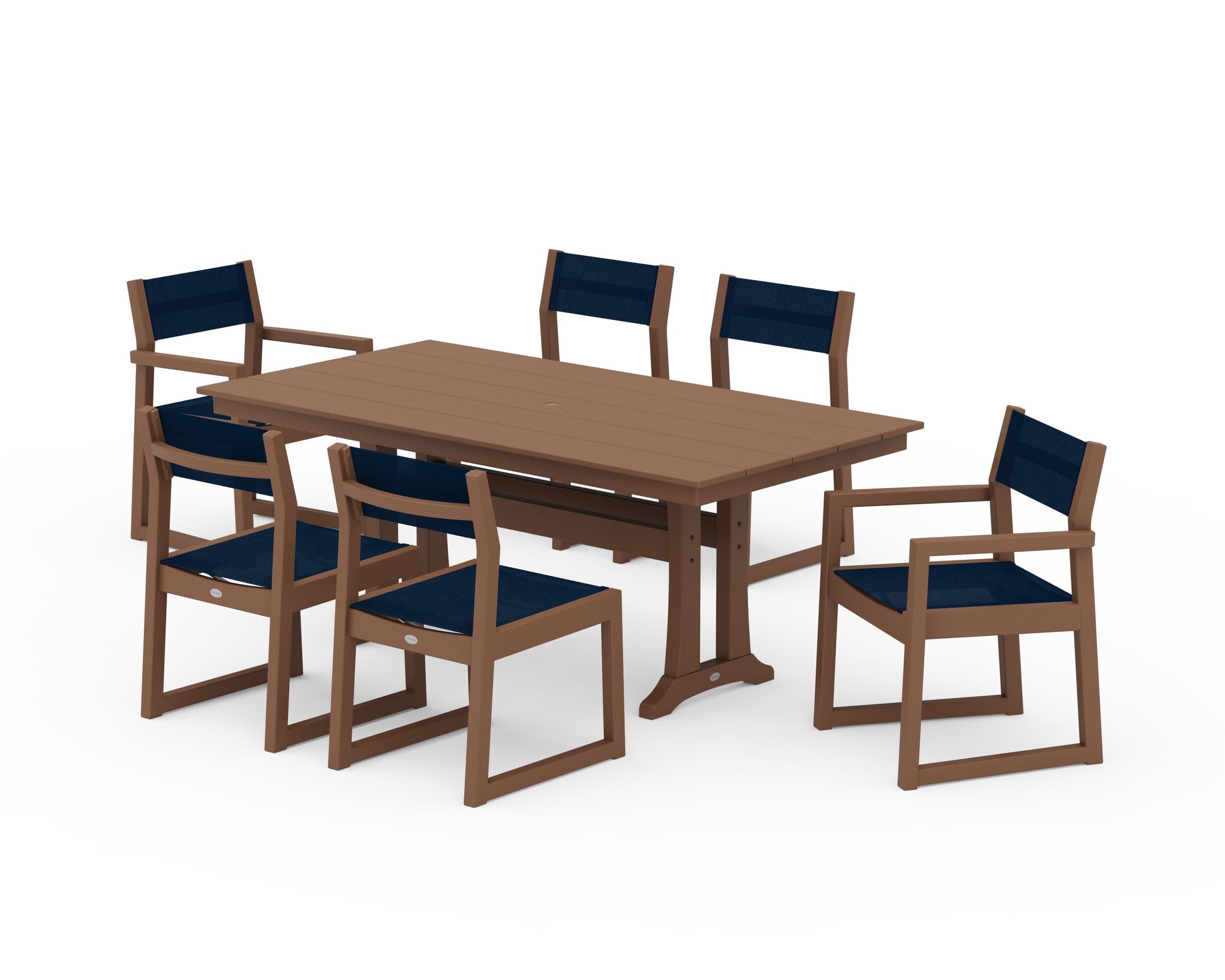 POLYWOOD EDGE Sling 7-Piece Farmhouse Trestle Dining Set in Teak / Navy Blue Sling