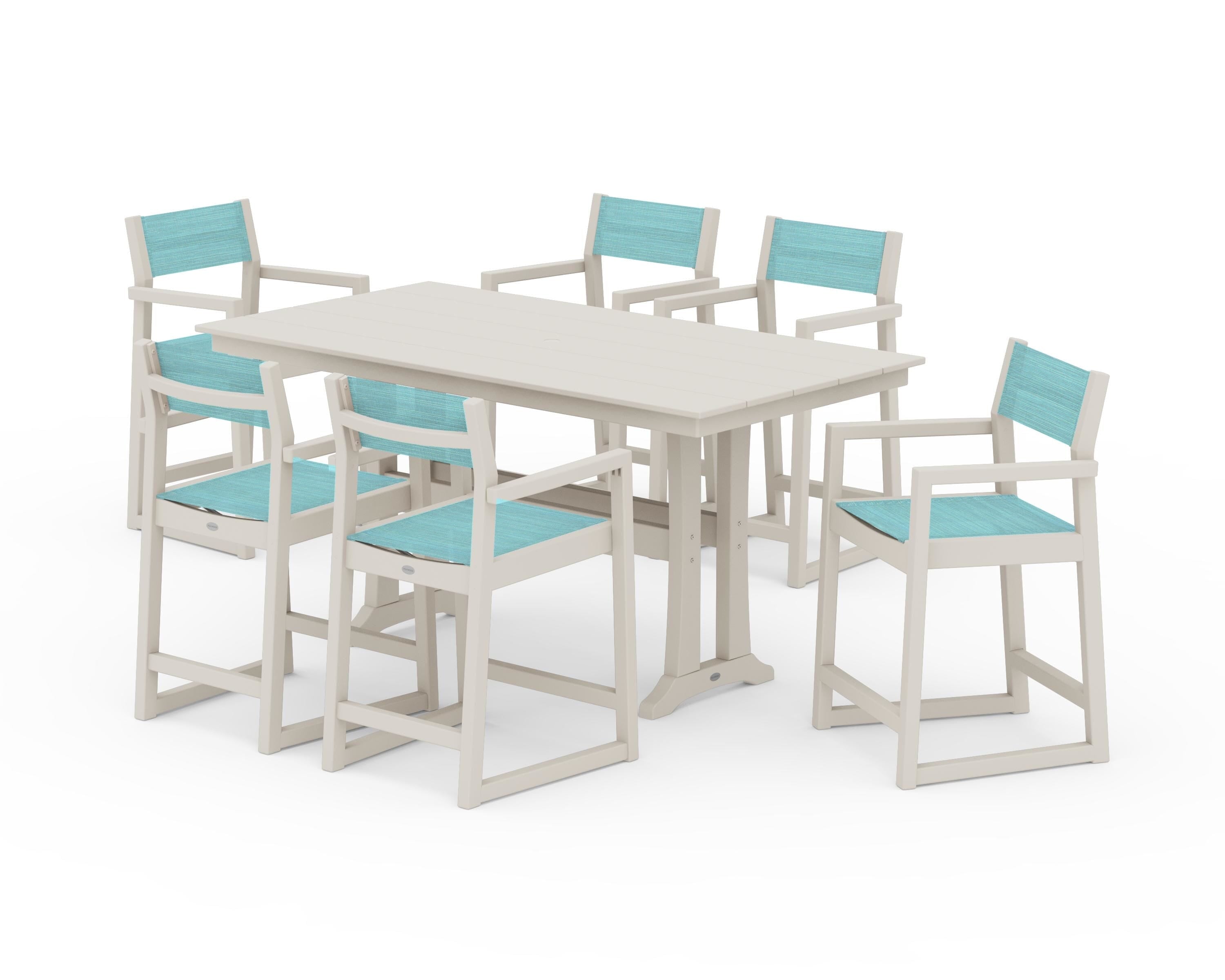POLYWOOD EDGE Sling Arm Chair 7-Piece Farmhouse Counter Set with Trestle Legs in Sand / Dupioni Aquamarine Sling