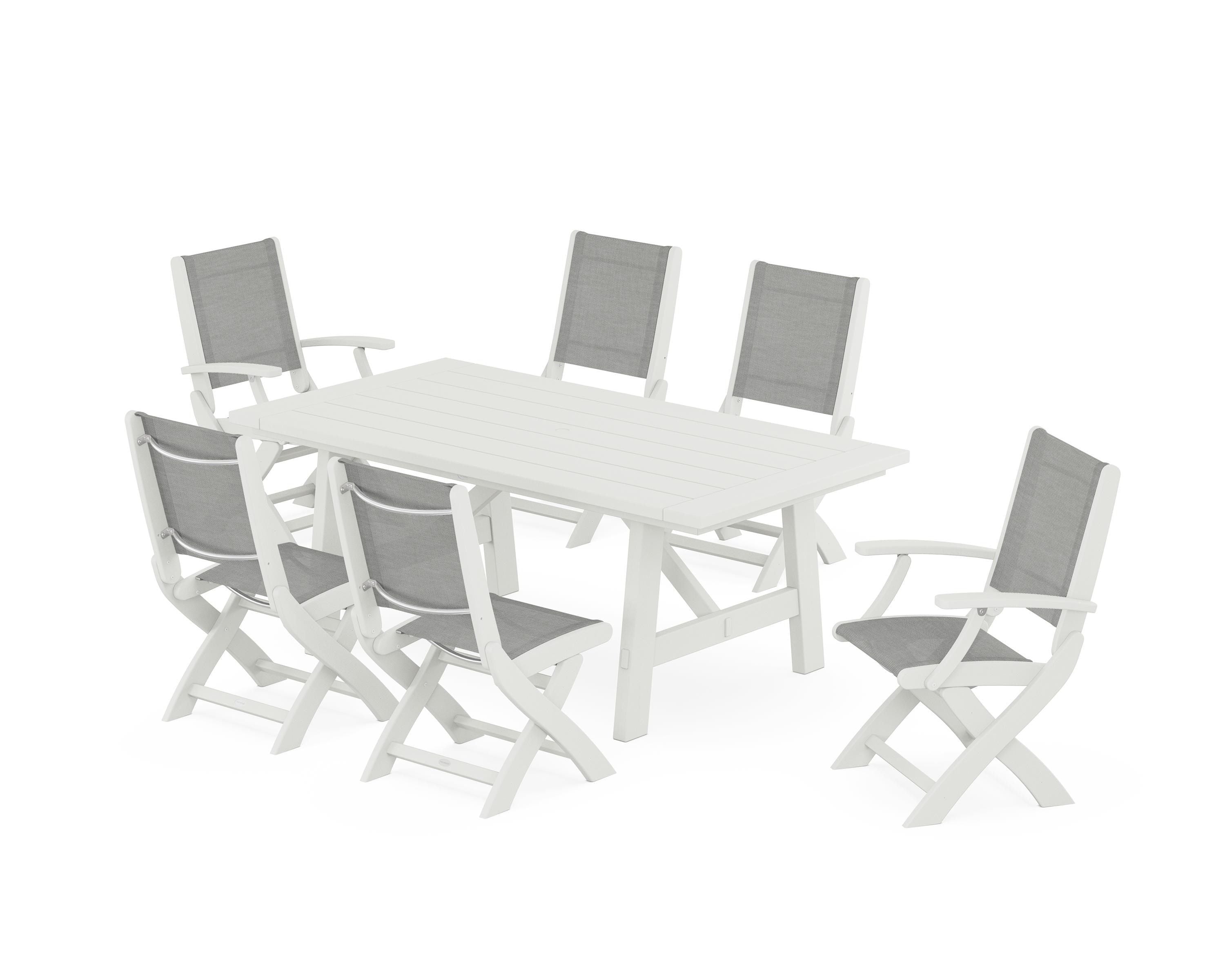 POLYWOOD Coastal Folding Chair 7-Piece Rustic Farmhouse Dining Set in Vintage White / Metallic Sling