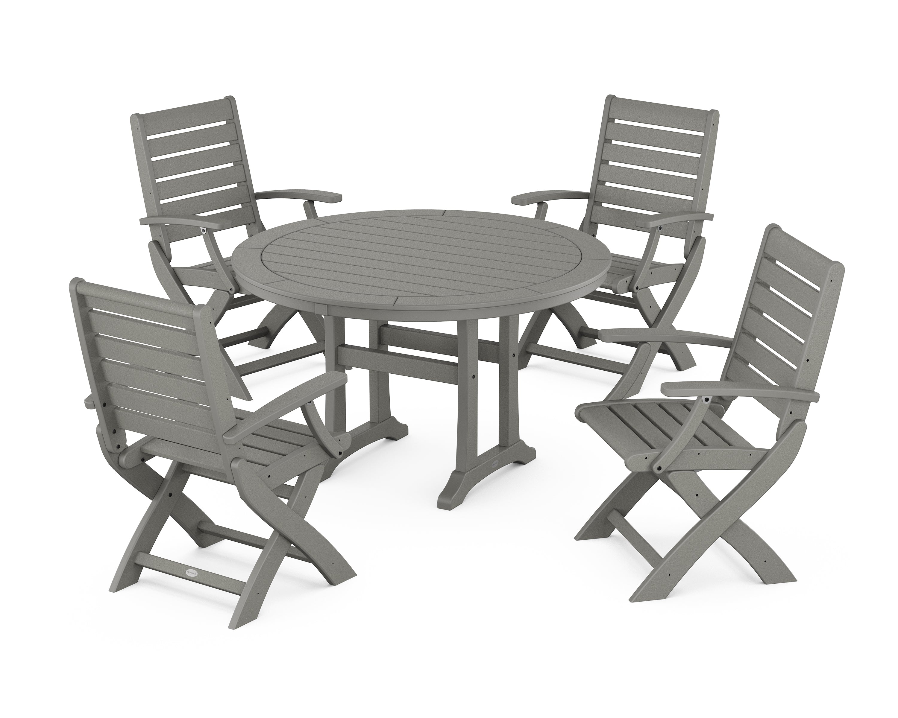 POLYWOOD® Signature Folding Chair 5-Piece Round Dining Set with Trestle Legs in Slate Grey