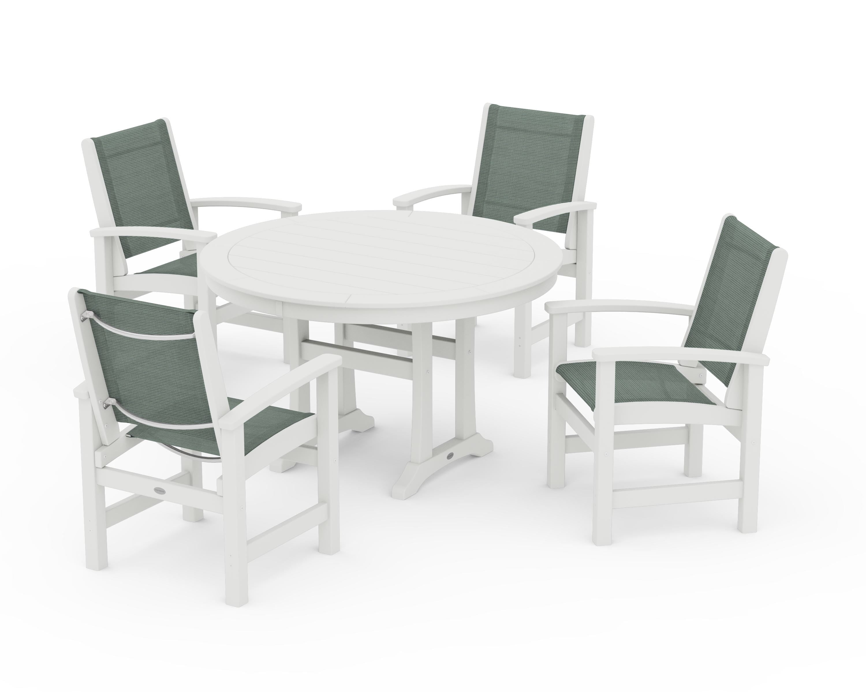 POLYWOOD Coastal 5-Piece Round Dining Set with Trestle Legs in Vintage White / Dupioni Sea Mist Sling