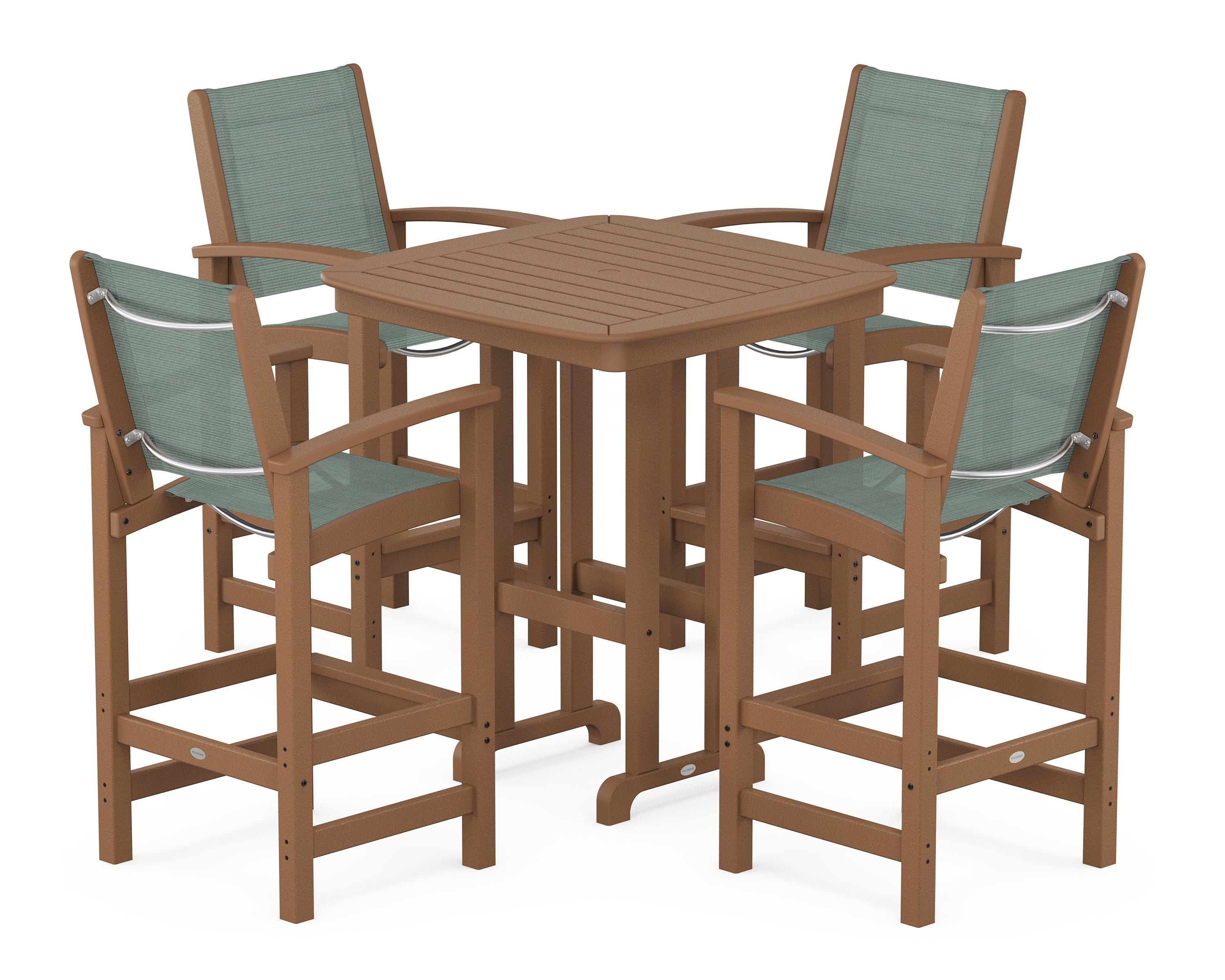 POLYWOOD Coastal 5-Piece Bar Set in Teak / Dupioni Sea Mist Sling