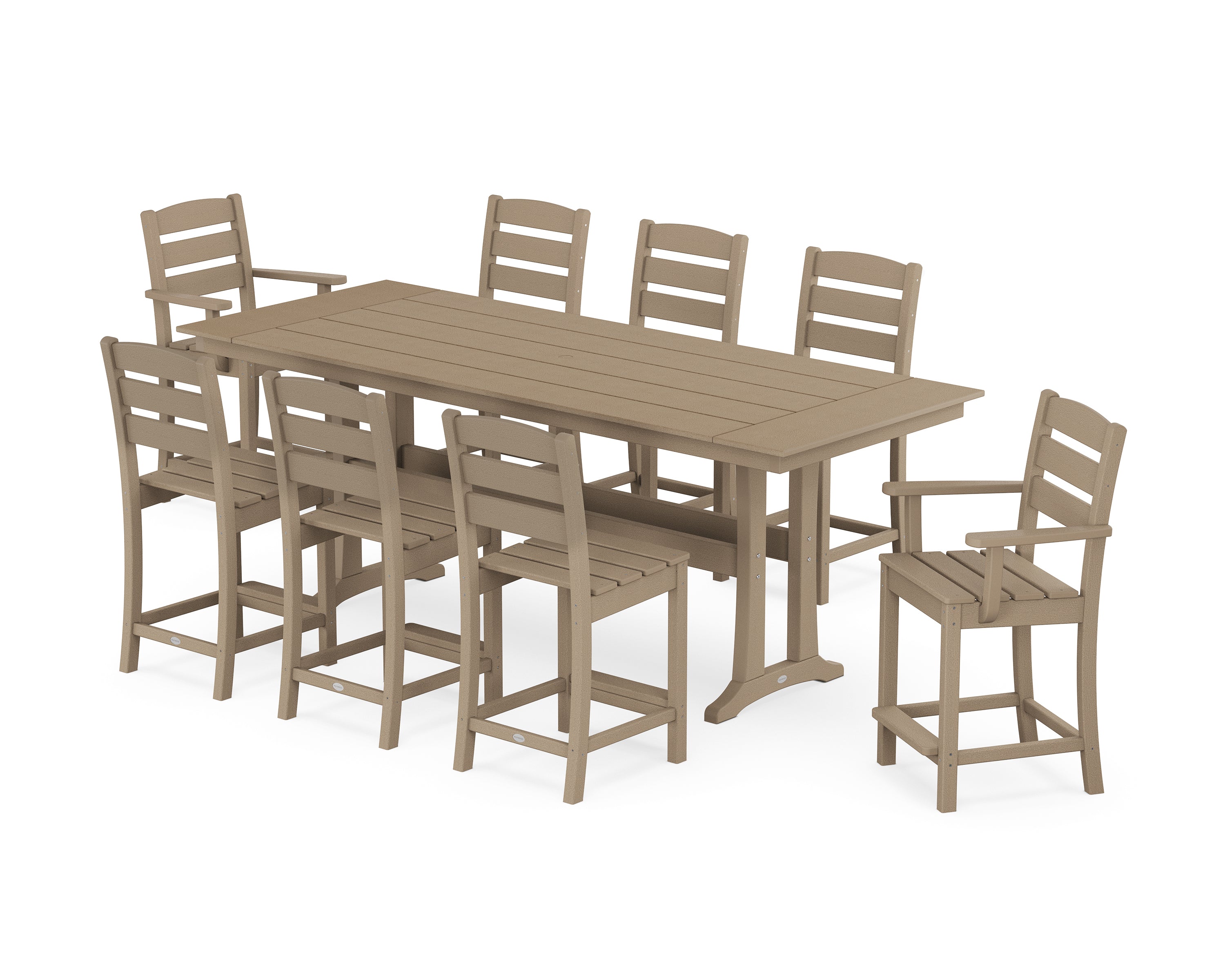 POLYWOOD® Lakeside 9-Piece Farmhouse Counter Set with Trestle Legs in Vintage Sahara