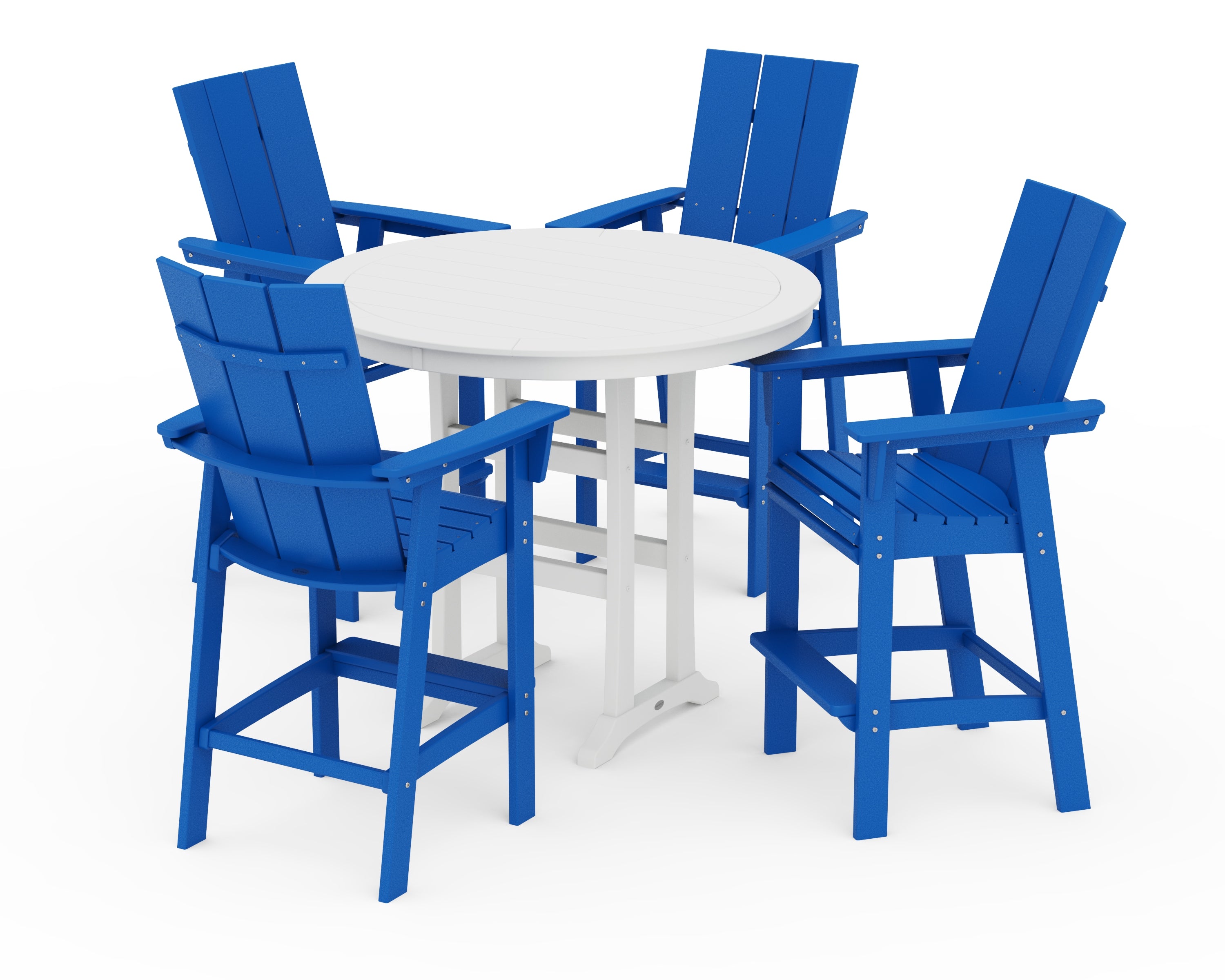 POLYWOOD Modern Curveback Adirondack 5-Piece Nautical Trestle Bar Set in Pacific Blue / White