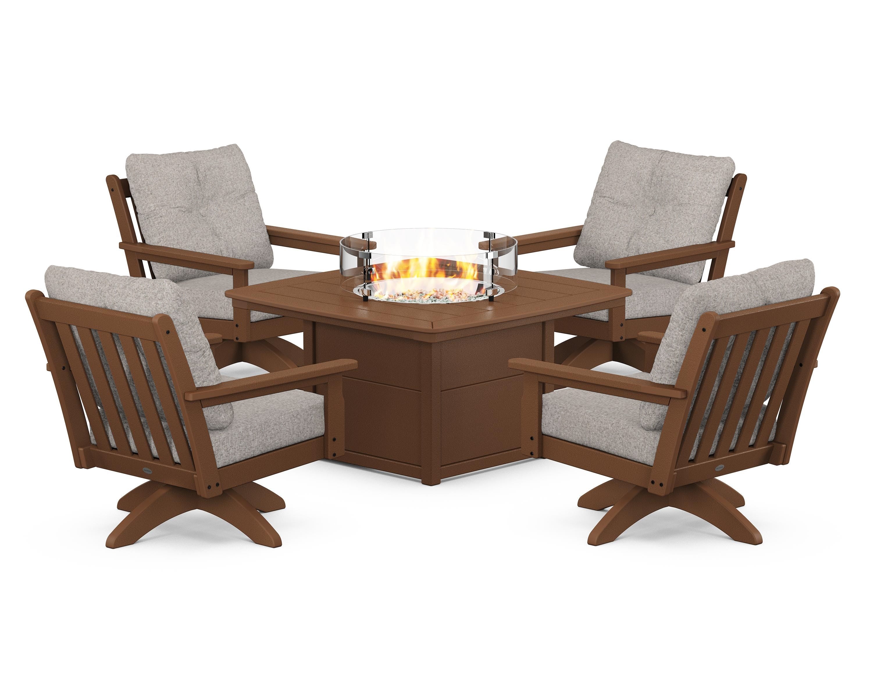 POLYWOOD Vineyard 5-Piece Deep Seating Swivel Conversation Set with Fire Pit Table in Teak / Weathered Tweed