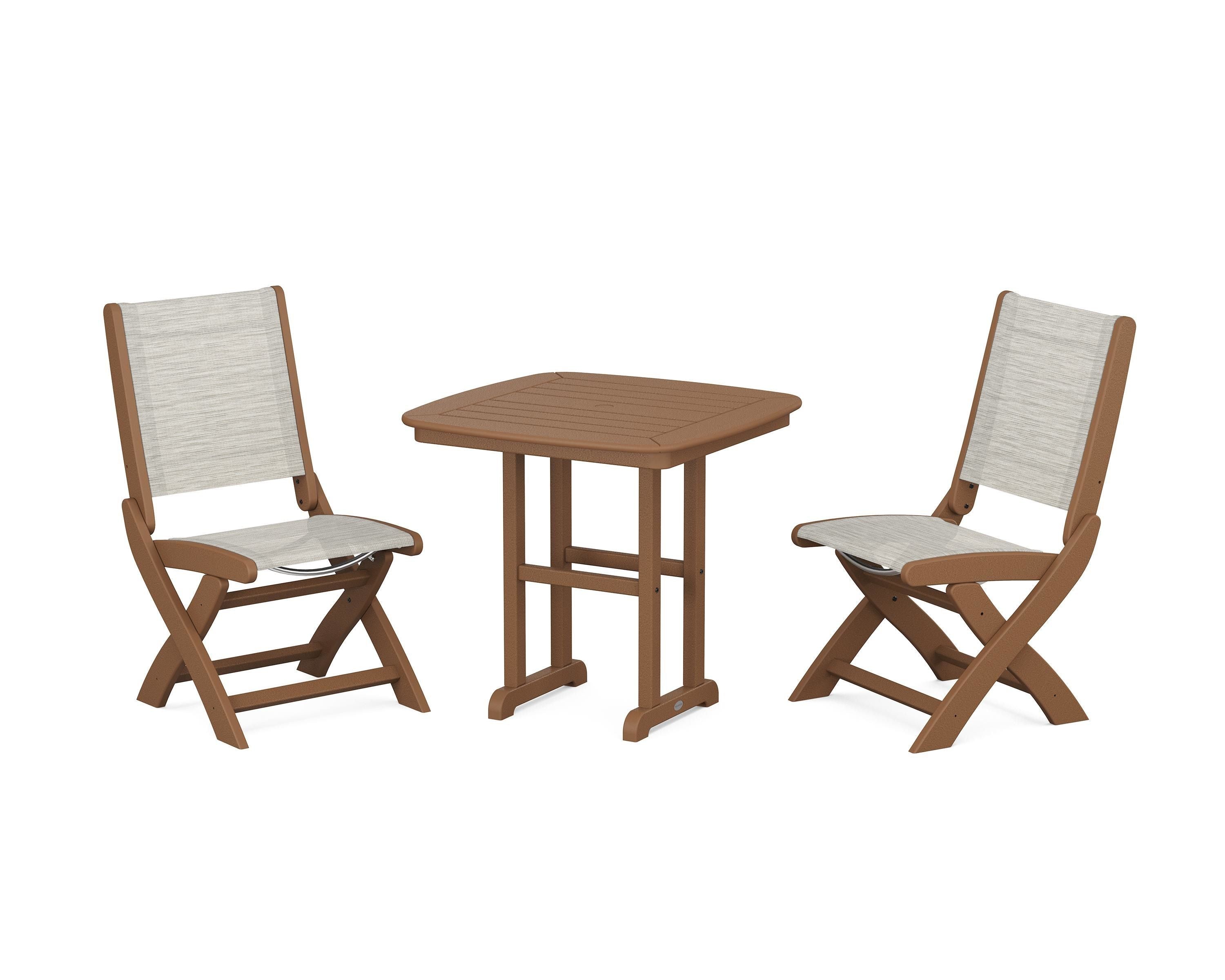 POLYWOOD Coastal Folding Side Chair 3-Piece Dining Set in Teak / Birch Sling