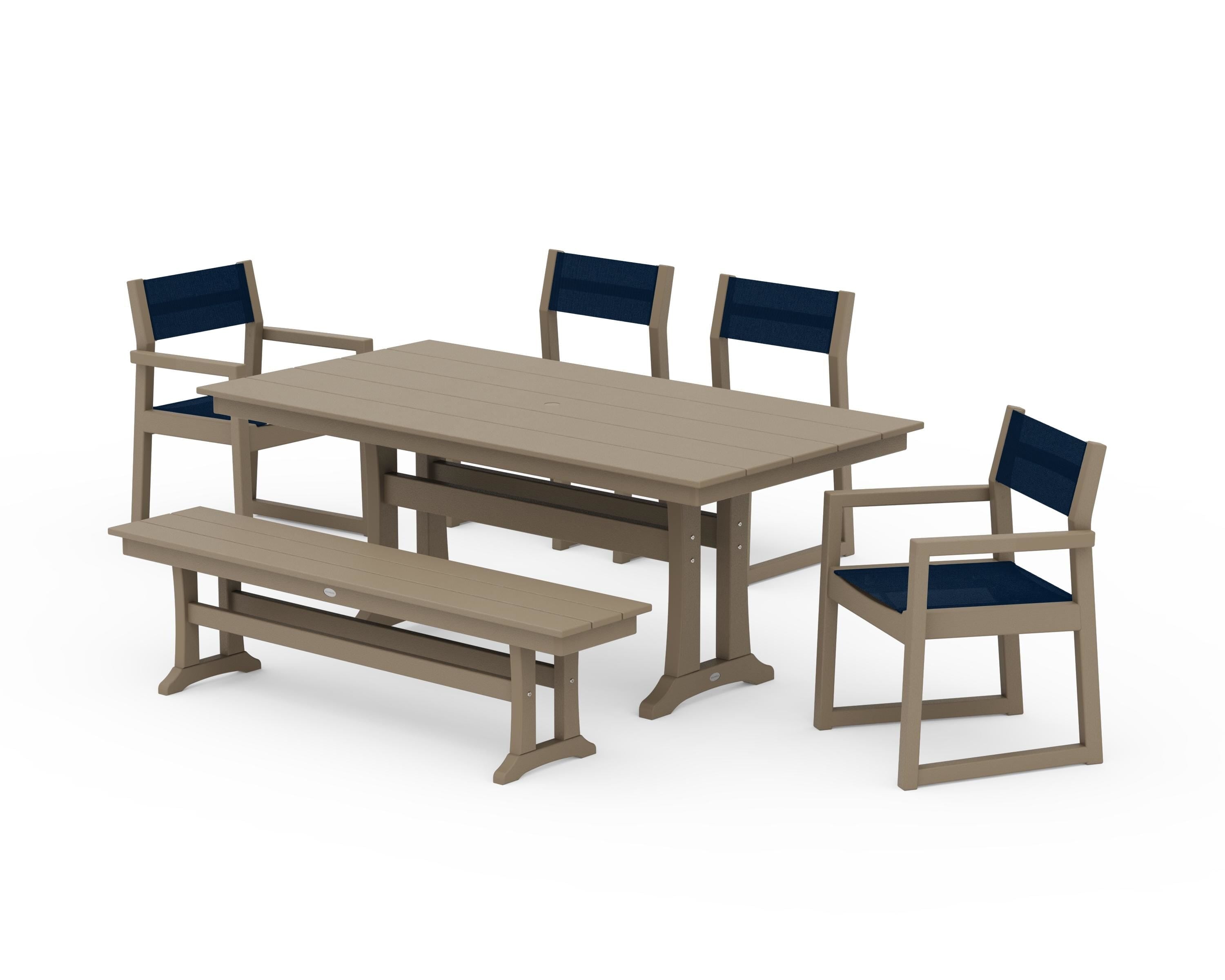 POLYWOOD EDGE Sling 6-Piece Farmhouse Dining Set With Trestle Legs in Vintage Sahara / Navy Blue Sling