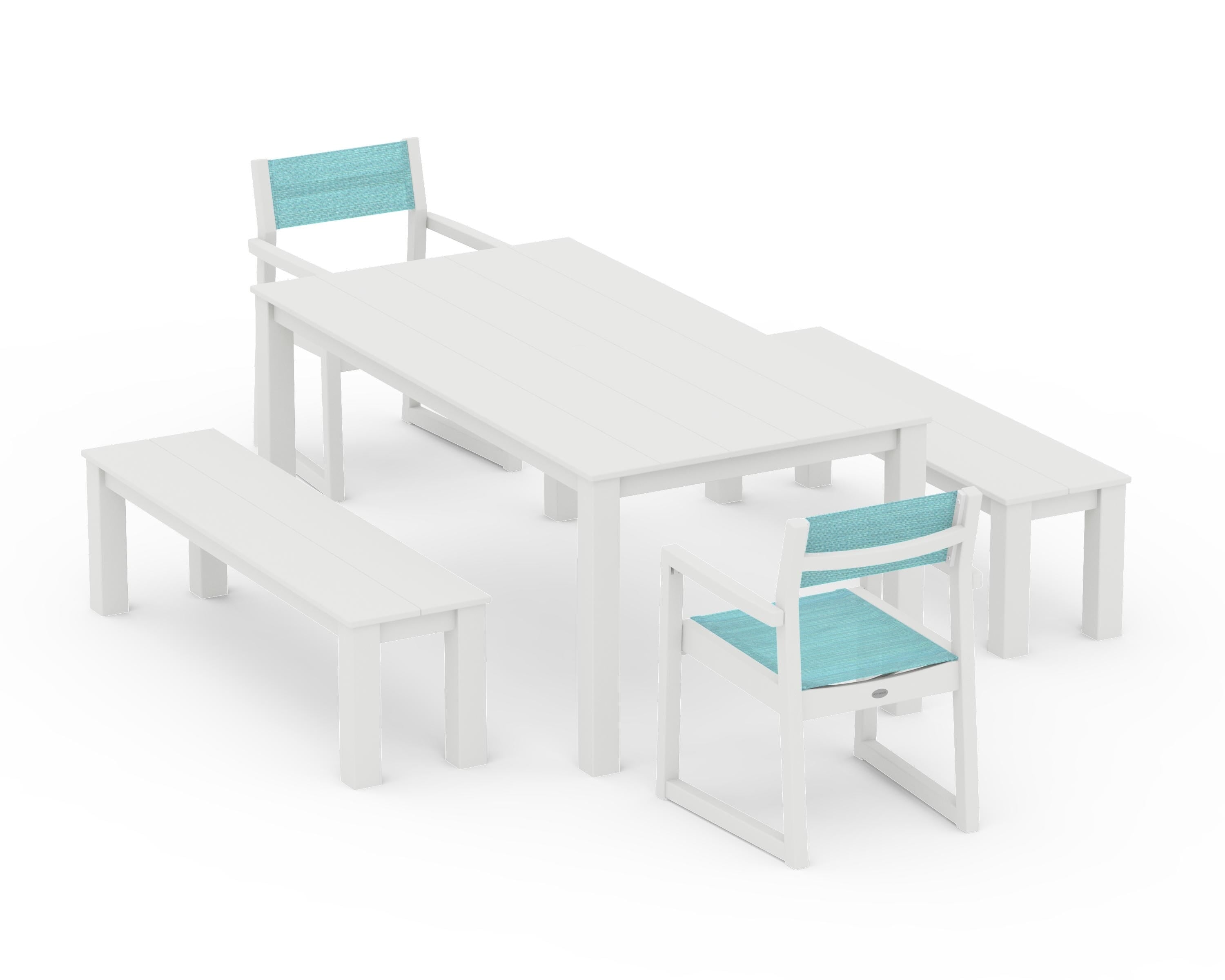 POLYWOOD EDGE Sling Arm Chair 5-Piece Parsons Dining Set with Benches in Vintage White / Dupioni Aquamarine Sling