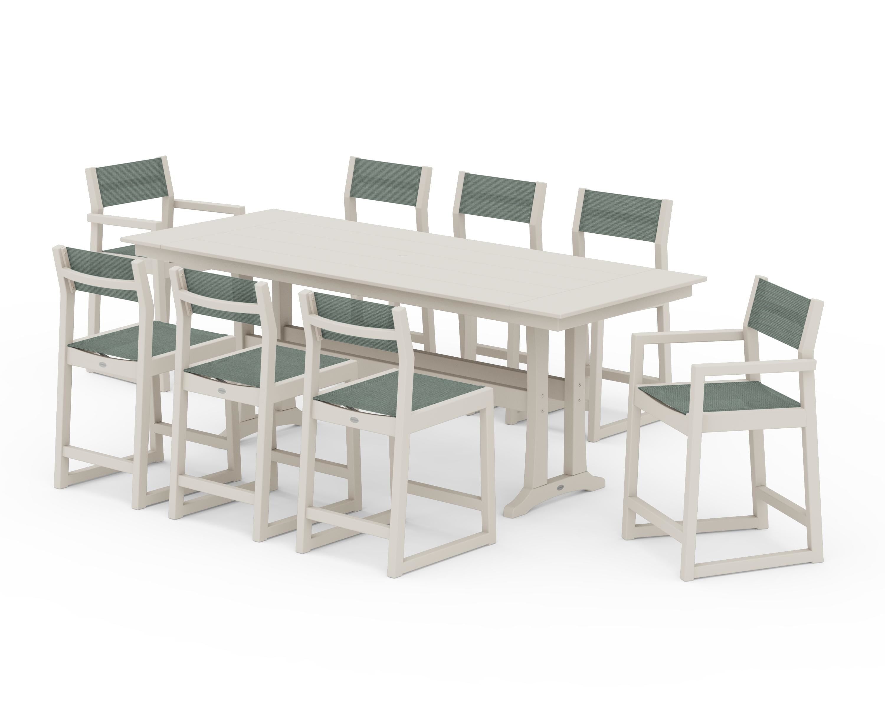 POLYWOOD EDGE Sling 9-Piece Farmhouse Counter Set with Trestle Legs in Sand / Dupioni Sea Mist Sling