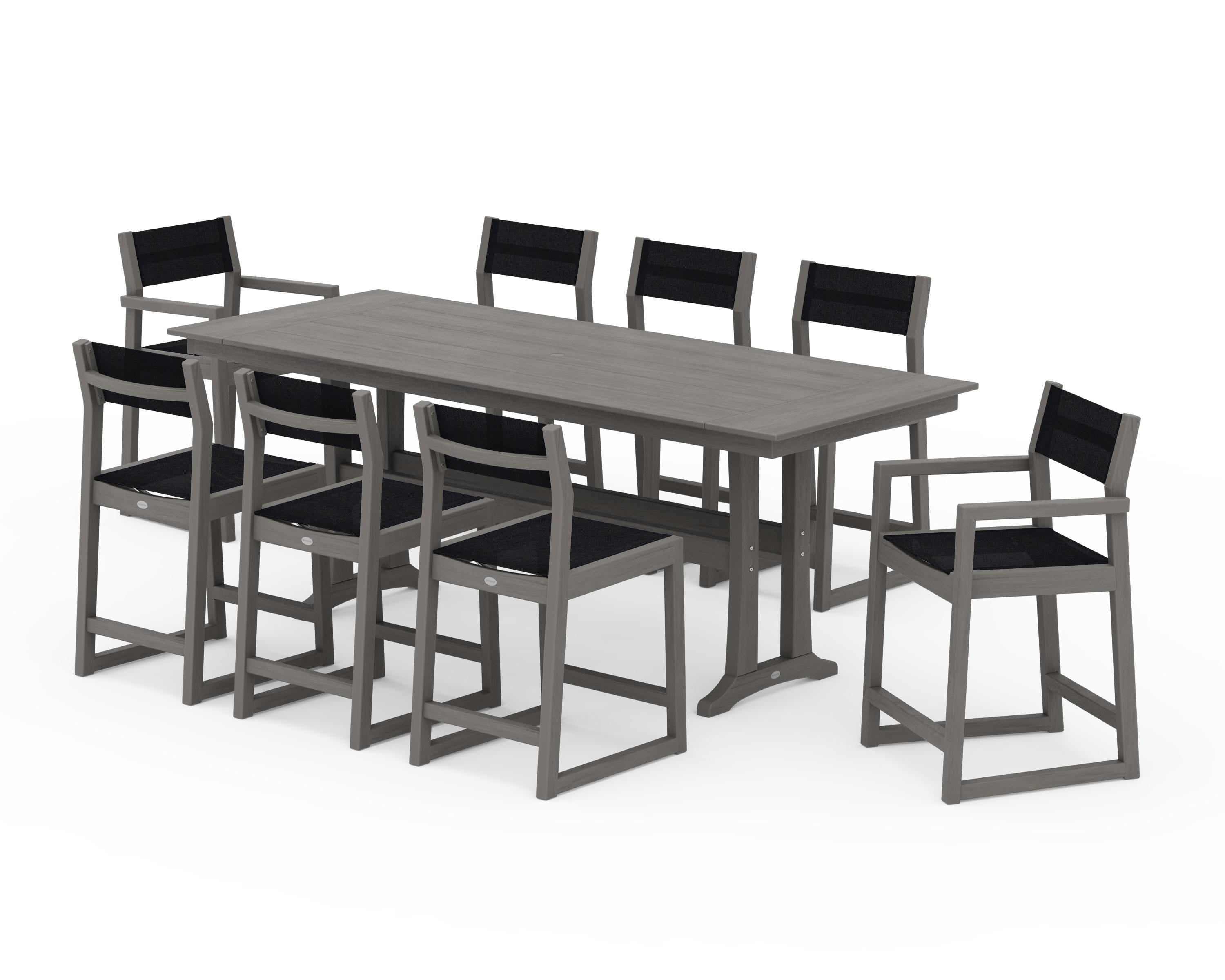 POLYWOOD EDGE Sling 9-Piece Farmhouse Counter Set with Trestle Legs in Driftwood / Black Sling