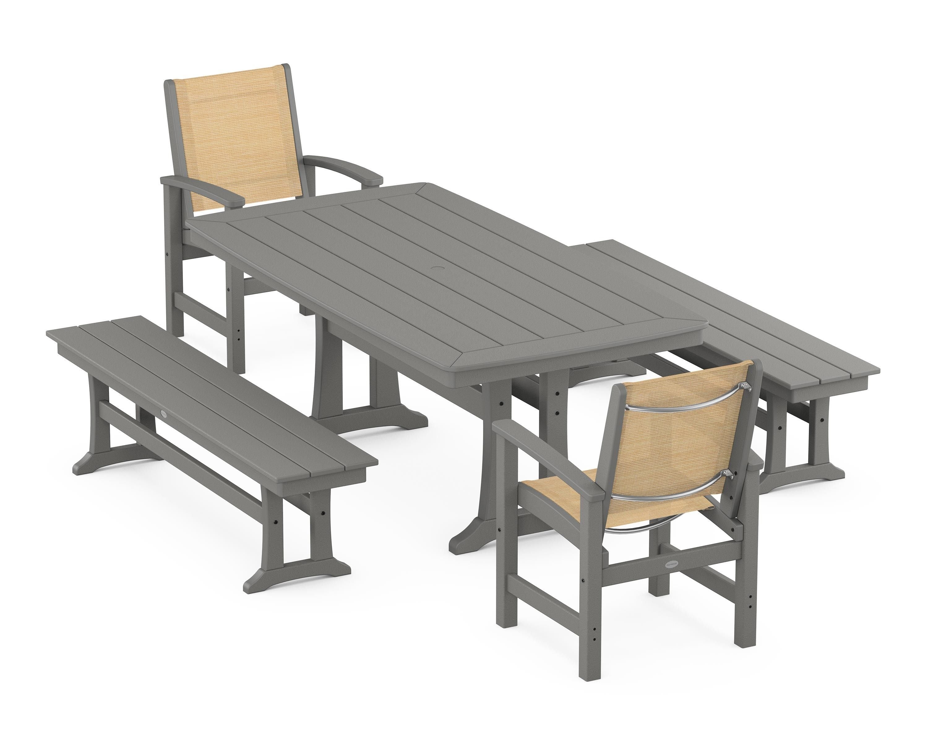POLYWOOD Coastal 5-Piece Dining Set with Trestle Legs and Benches in Slate Grey / Dupioni Apricot Sling