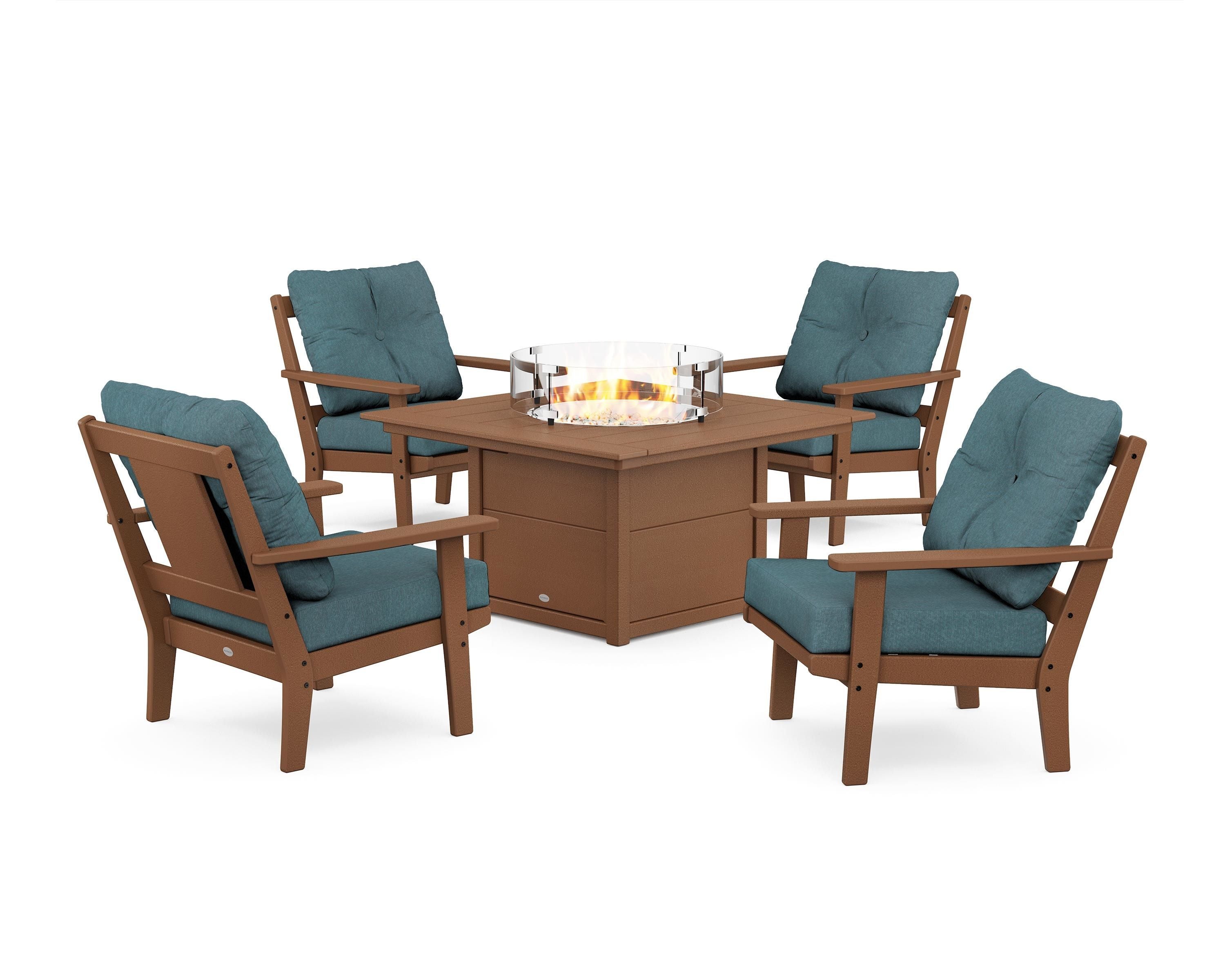 POLYWOOD Prairie 5-Piece Deep Seating Set with Fire Pit Table in Teak / Ocean Teal