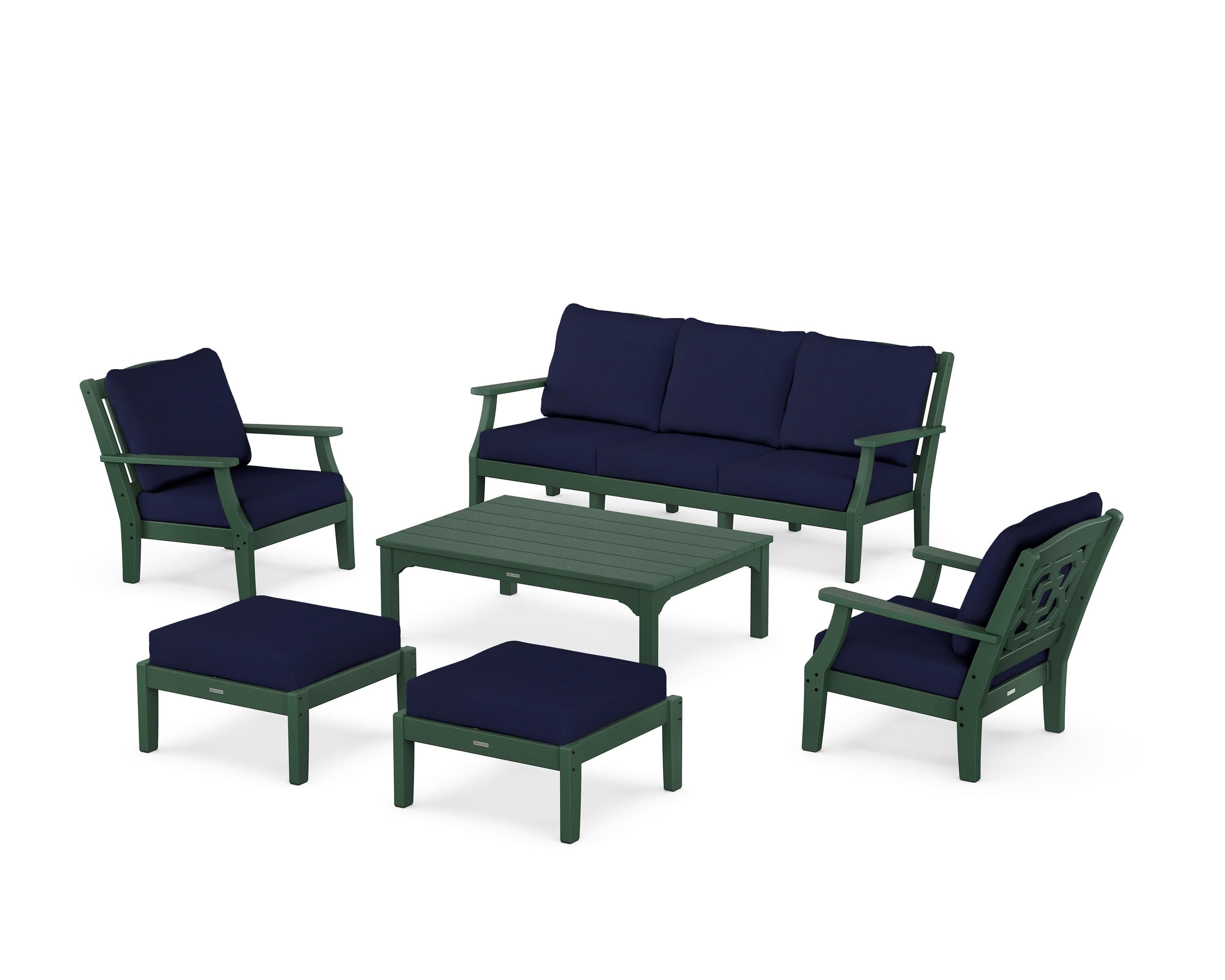 Martha Stewart by POLYWOOD Chinoiserie 6-Piece Lounge Sofa Set in Green / Navy