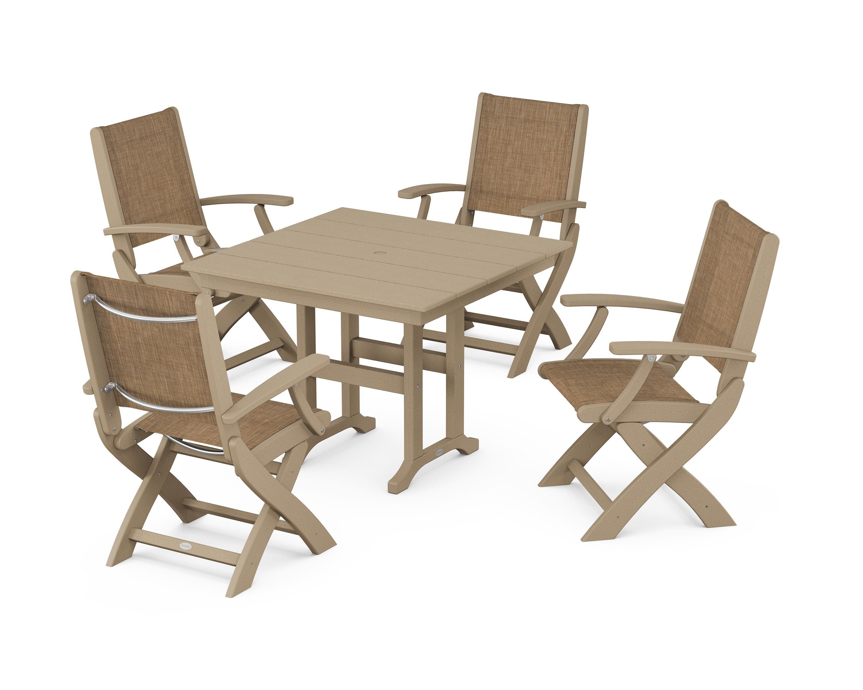 POLYWOOD Coastal Folding Chair 5-Piece Farmhouse Dining Set in Vintage Sahara / Burlap Sling